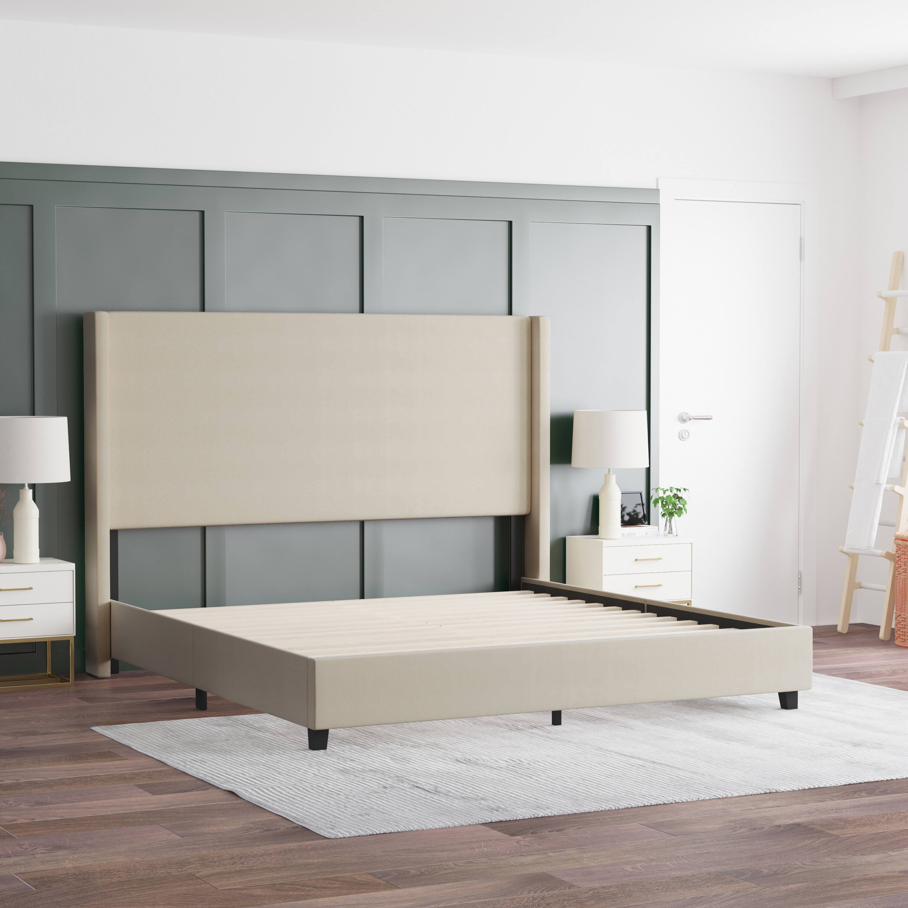Alt View 3. Emma + Oliver - Nora upholstered Platform Bed with Plush Padded Wingback Headboard and Wood Support Slats - No Box Spring Needed - Beige.
