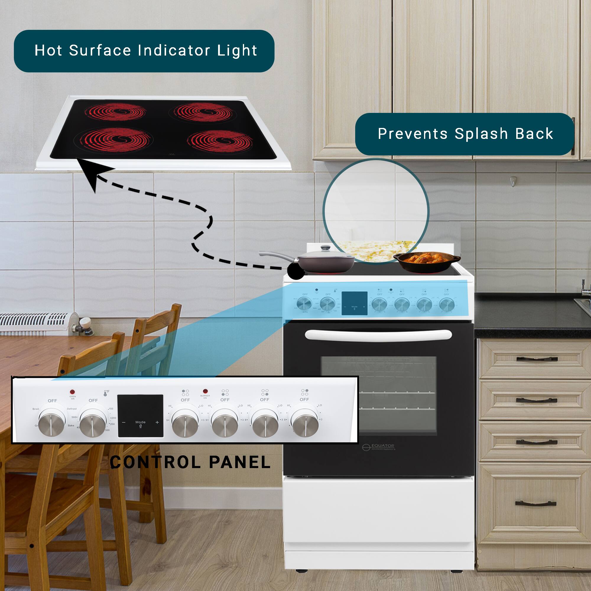 Hot Surface Indicator Light  
Prevents Splash Back  

CONTROL PANEL