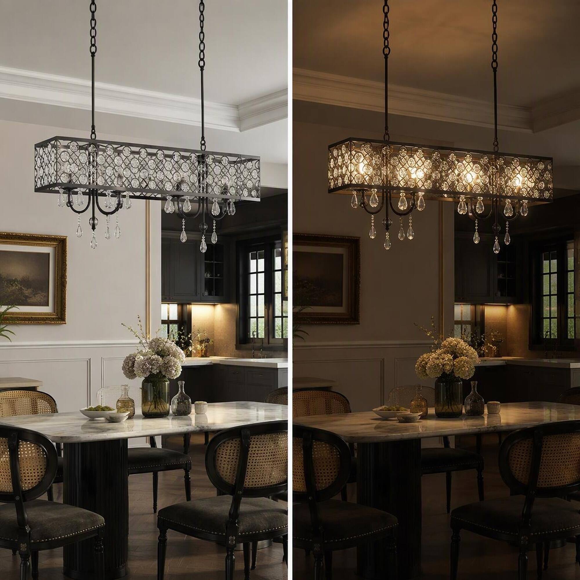 Back. RYHNUYNE - 4-Light Black Rectangle Crystal Chandelier, Adjustable Raindrop Beaded Ceiling Fixture E12 Base - Black.