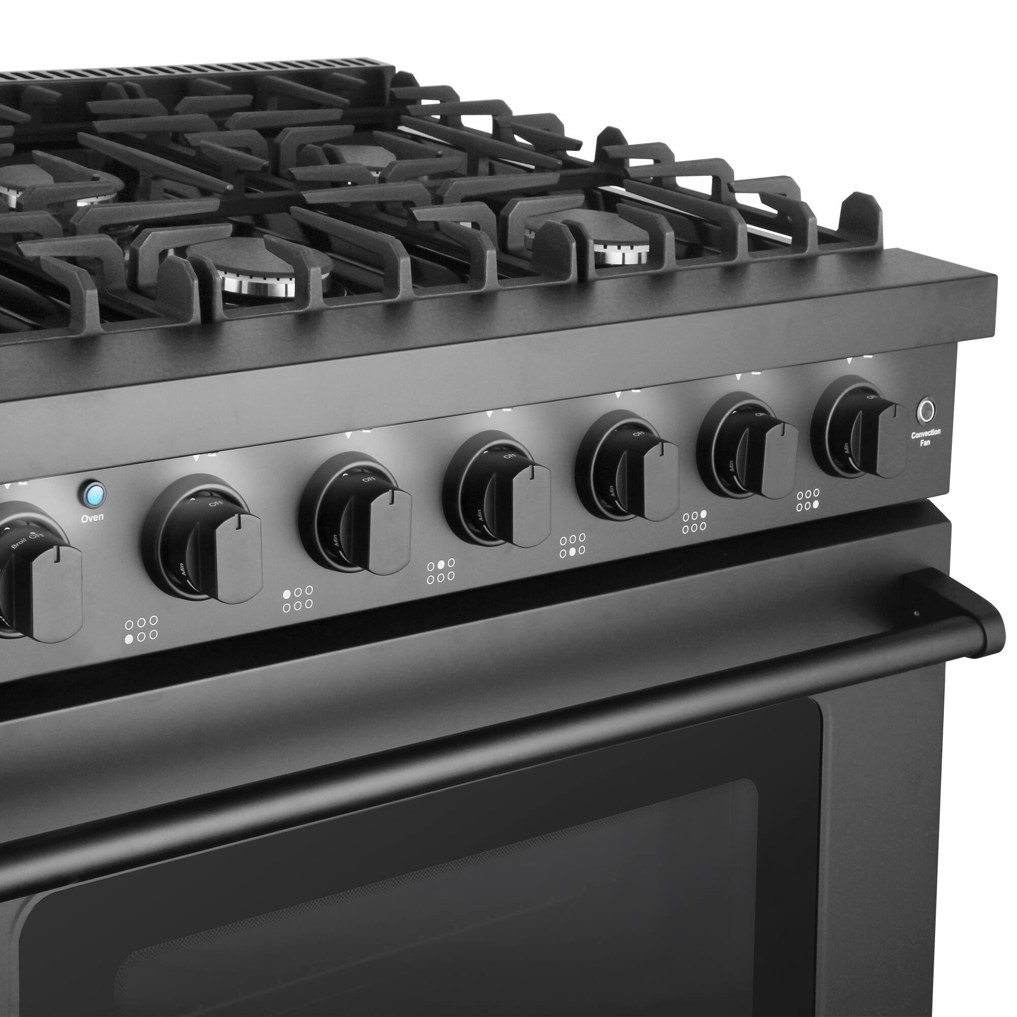 Alt View 6. COSMO - COS-EPGR366-BK 36 in. Haven Collection 6.0 cu. ft. Gas Range, 6 Burners, Convection Oven, Knob LEDs, Storage Drawer - Matte Black.