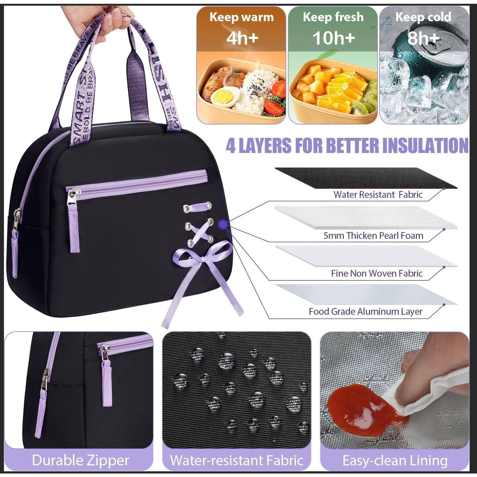 Keep warm 4h+  
Keep fresh 10h+  
Keep cold 8h+  

4 LAYERS FOR BETTER INSULATION  
- Water Resistant Fabric  
- 5mm Thickened Pearl Foam  
- Fine Non Woven Fabric  
- Food Grade Aluminum Layer  

Durable Zipper  
Water-resistant Fabric  
Easy-clean Lining