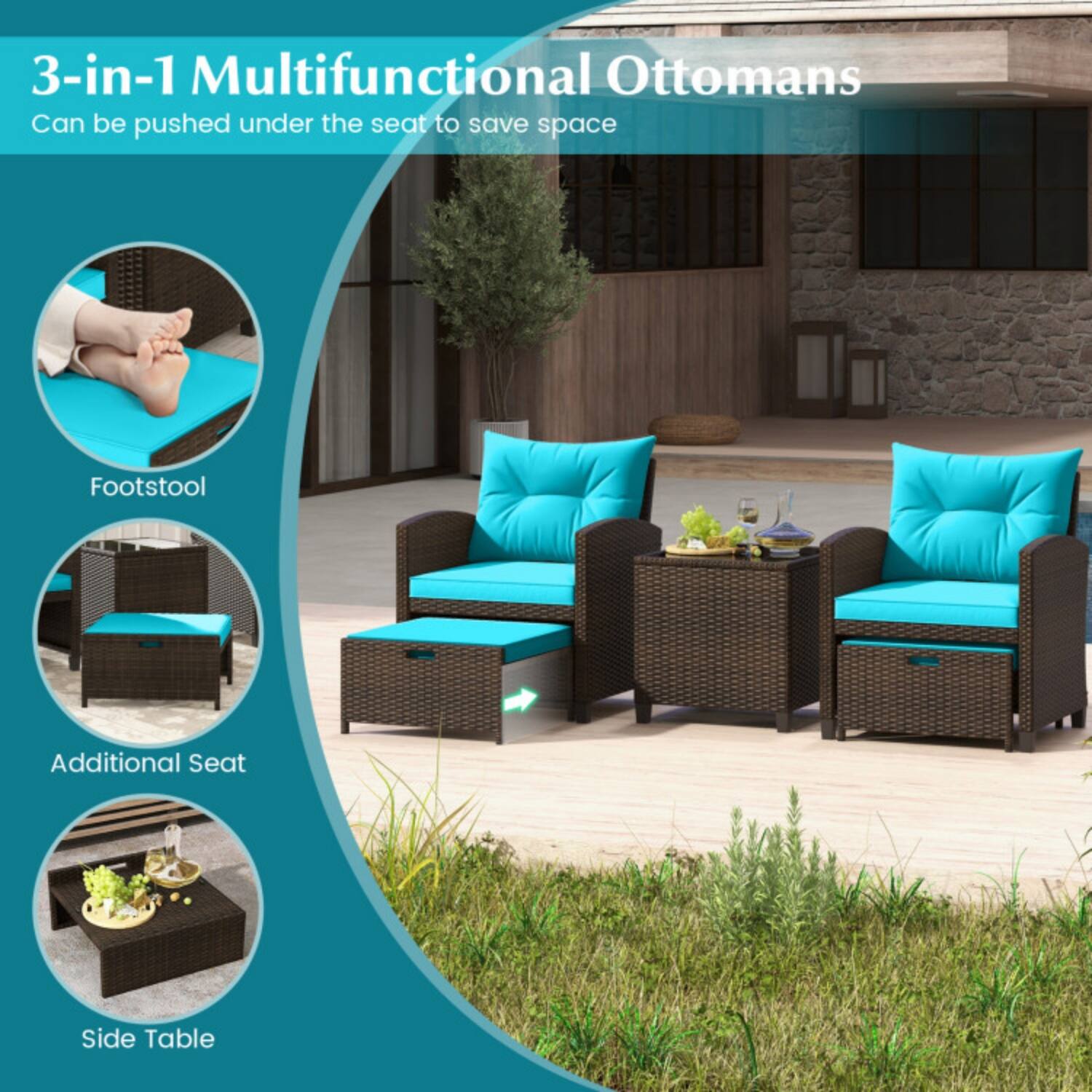 3-in-1 Multifunctional Ottomans  
Can be pushed under the seat to save space  

Footstool  
Additional Seat  
Side Table