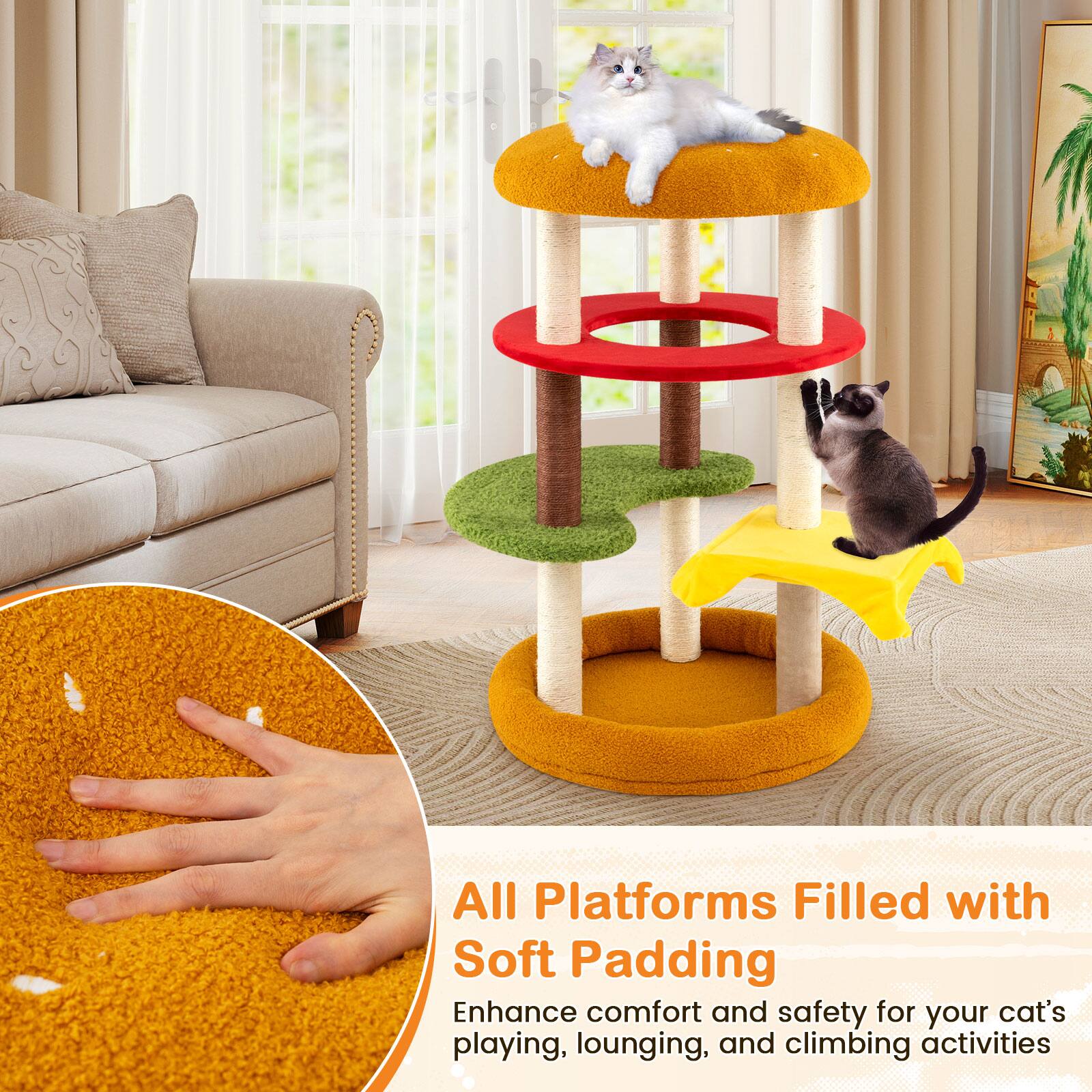 All Platforms Filled with Soft Padding

Enhance comfort and safety for your cat's playing, lounging, and climbing activities