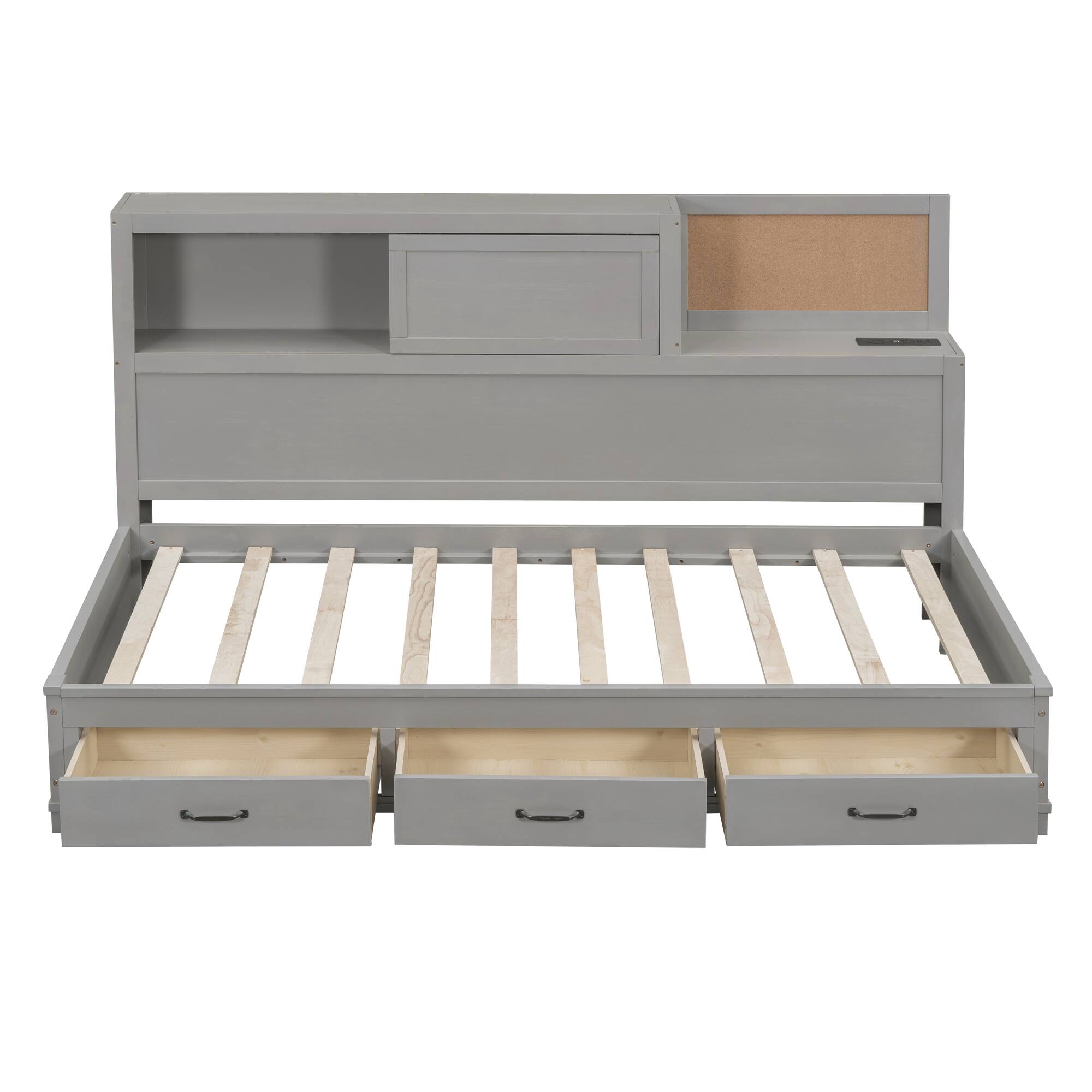 Left. Tiramisubest - Twin Size Wooden Daybed with 3 Storage Drawers, Upper Soft Board, shelf, and a set of Sockets and USB Ports, Gray - Gray.