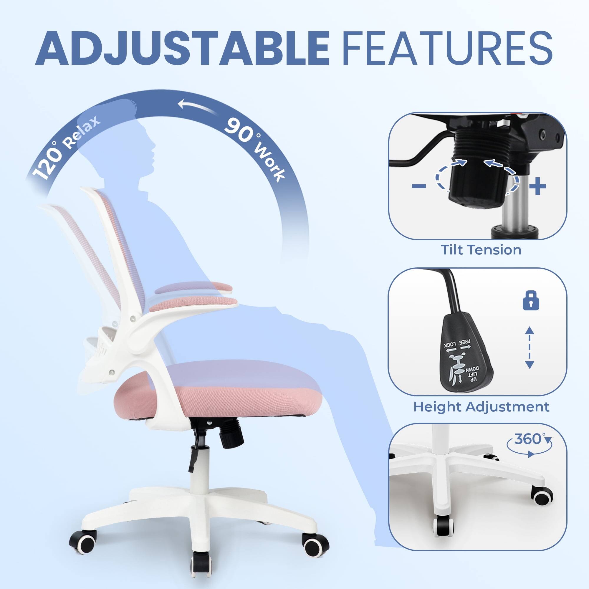 ADJUSTABLE FEATURES

- 120° Relax
- 90° Work
- Tilt Tension
- Height Adjustment
- 360° Rotation