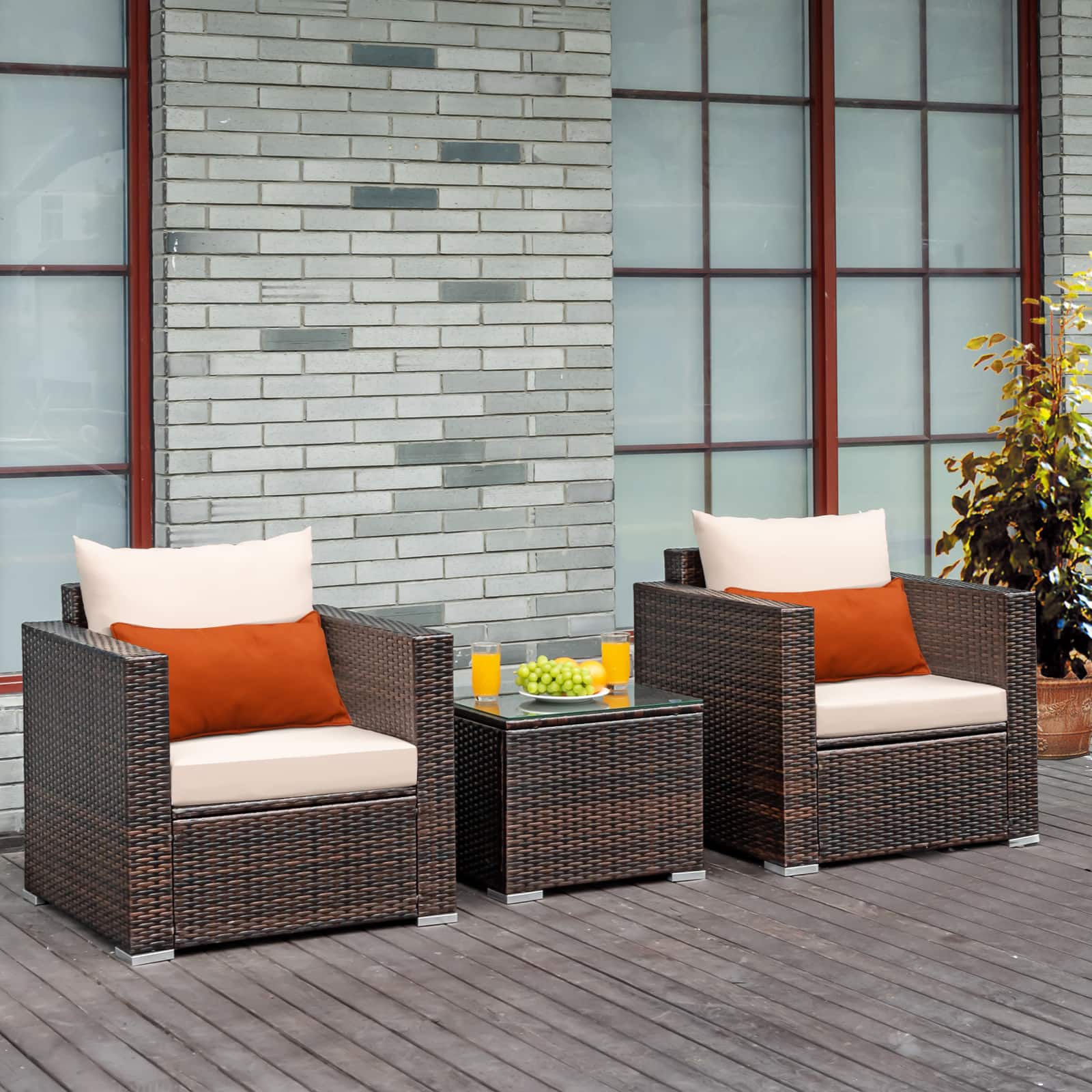 Gymax - 3PCS Patio Rattan Outdoor Furniture Set w/ Cushioned Sofa Coffee Table - Brown