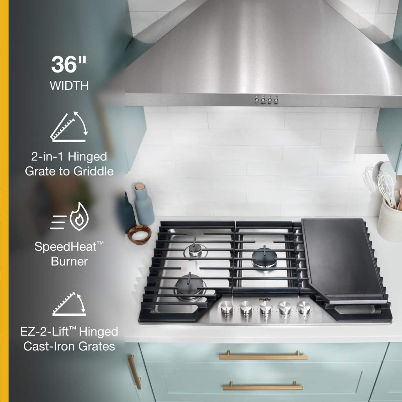 The image features a stove top with a griddle and grate, along with a stainless steel hood above it. The stove top has a 36" width and is equipped with a 2-in-1 hinged grate to griddle. The stove also has a speed heat burner, which is designed to heat up quickly and efficiently. The stove is accompanied by a set of EZ-2-Lift hinged cast-iron grates, which make it easy to clean and maintain.