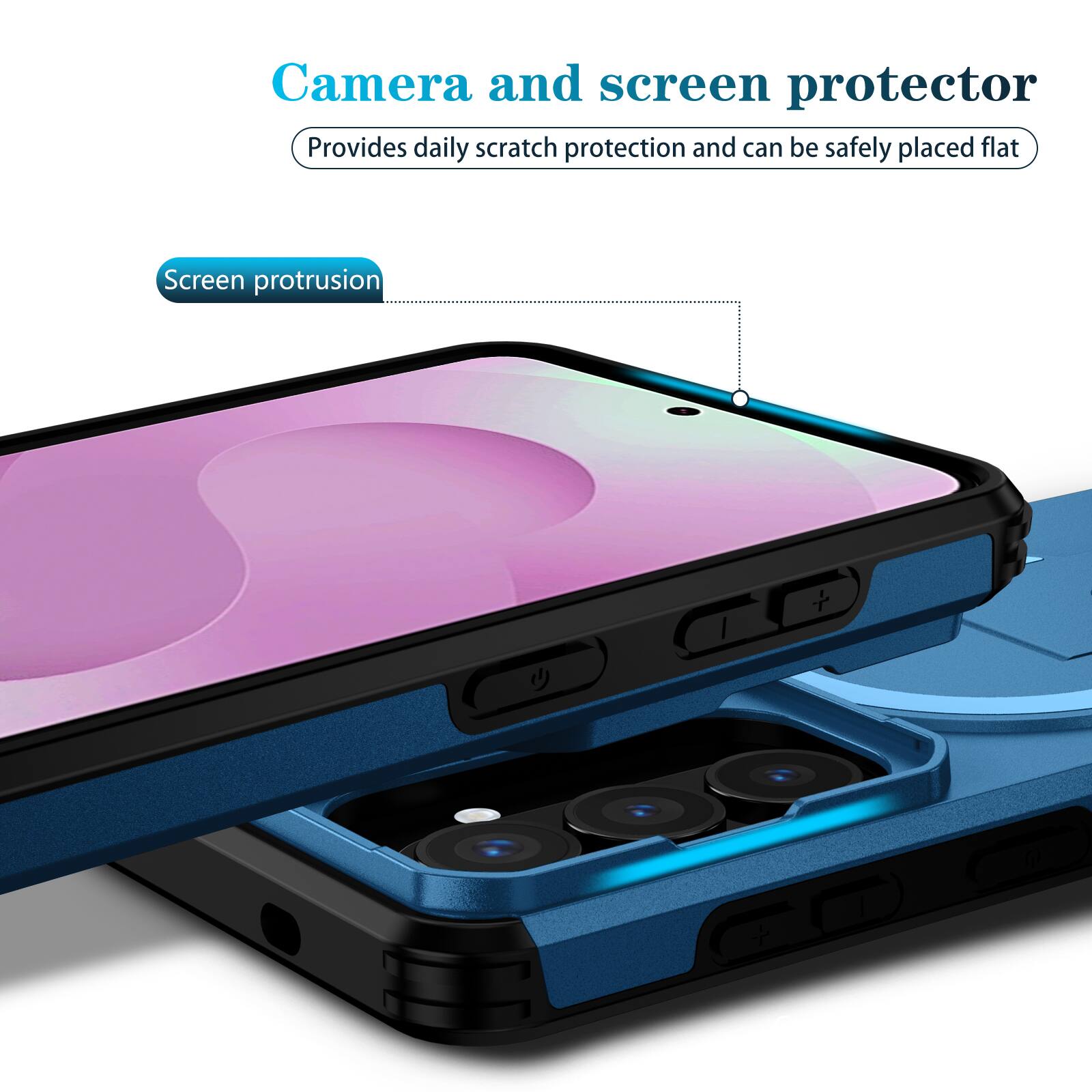 Camera and screen protector  
Provides daily scratch protection and can be safely placed flat  
Screen protrusion