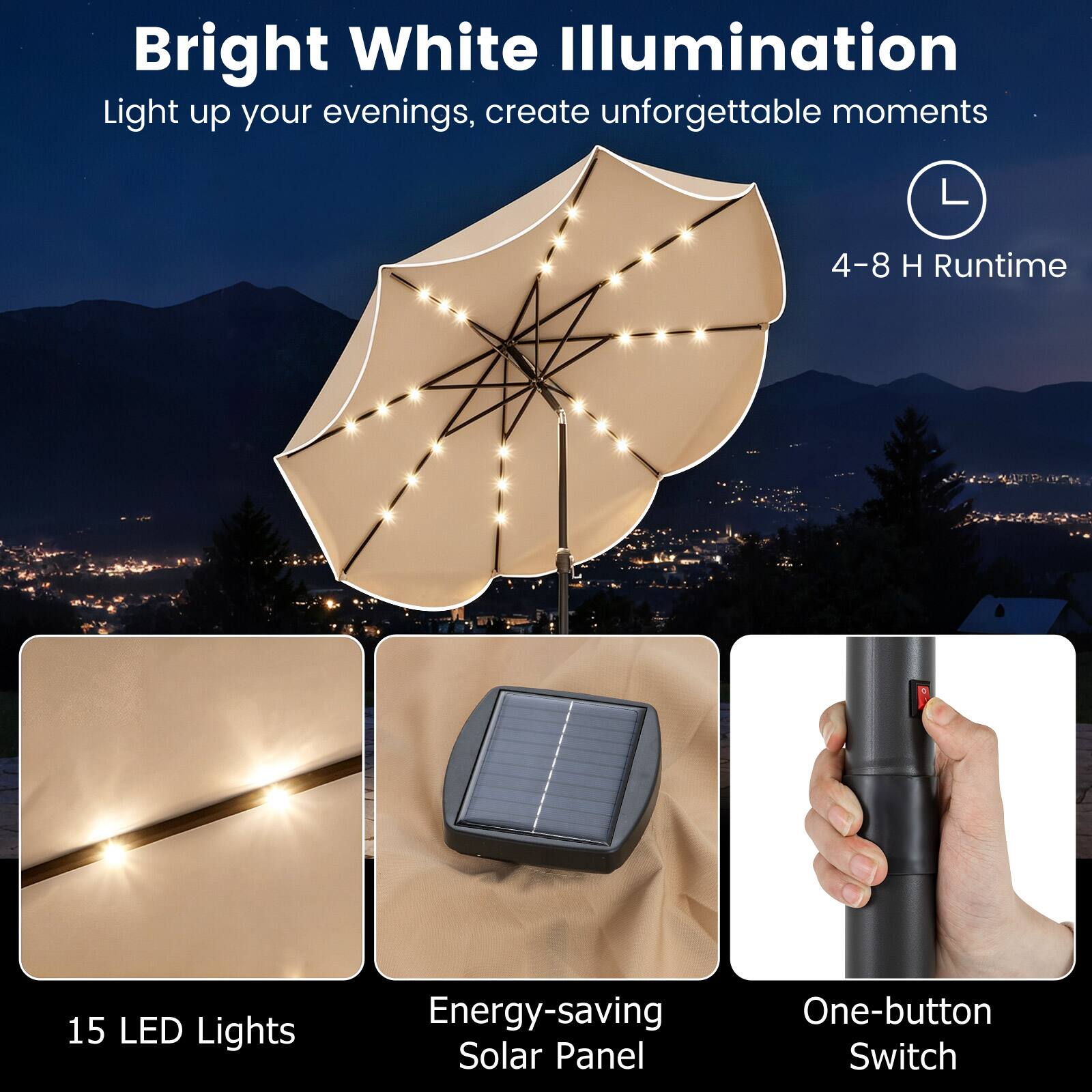 Bright White Illumination  
Light up your evenings, create unforgettable moments  

4-8 H Runtime  

15 LED Lights  

Energy-saving Solar Panel  

One-button Switch