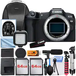 Bundle - Canon - EOS R8 Mirrorless Camera (Body Only) with 2x 64GB Memory Card + Tripod + ZeeTech - Black