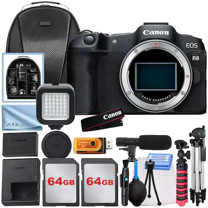 Canon EOS R8
Canon DTTY PACK
Canon Card Reader
Canon PAN
64GB SD Card
64GB SD Card
Z11Tech
Canon Battery Pack
Canon Lens Cap