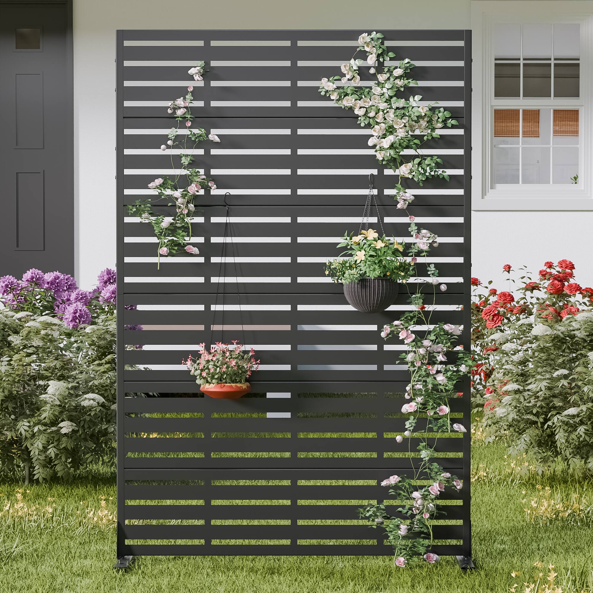 Alt View 1. PexFix - 72 in. x 47 in. Adrian Pattern Metal Outdoor Privacy Screen & Panels, Freestanding Garden Divider Fence - Black.