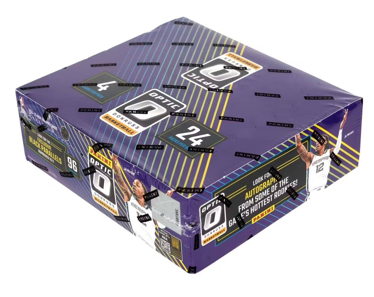Sure, here is the corrected and grouped text from the image:

---

**Front:**
- PANINI
- OPTIC 0
- DONRUSS BASKETBALL
- 24 PACKS PER BOX
- LOOK FOR THE AUTOGRAPHS OF SOME HOTTEST ROOKIES!
- MEMPHIS
- Ja Morant
- 12
- NBA
- LOOK FOR THE AUTOGRAPHS OF SOME HOTTEST ROOKIES!
- 96 PARALLELS
- BLACK EXCLUSIVE
- LINK FOR THE EXCLUSIVE BLACK EXCLUSIVE
- OPTIC
- OPTIC 0
- DONRUSS BASKETBALL

**Side:**
- 4
- 2020-21 NBA
- 2020-21 NBA
- 2020-21 NBA
- 2020-21 NBA
- 2020-21 NBA
- 2020-21 NBA
- 2020-21 NBA
- 2020-21 NBA
- 2020-21 NBA
- 2020-21 NBA
