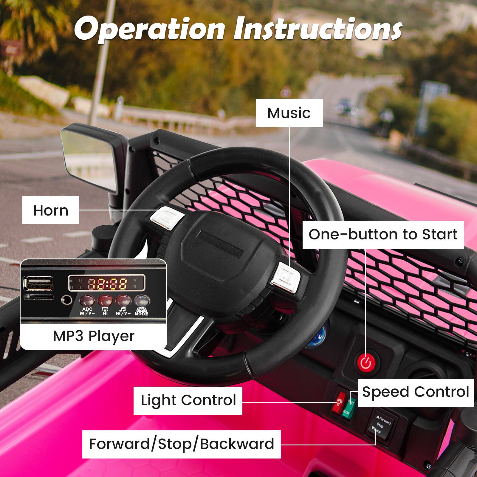 Operation Instructions, Music, Horn, One-button to Start, MP3 Player, Light Control, Forward/Stop/Backward, Speed Control