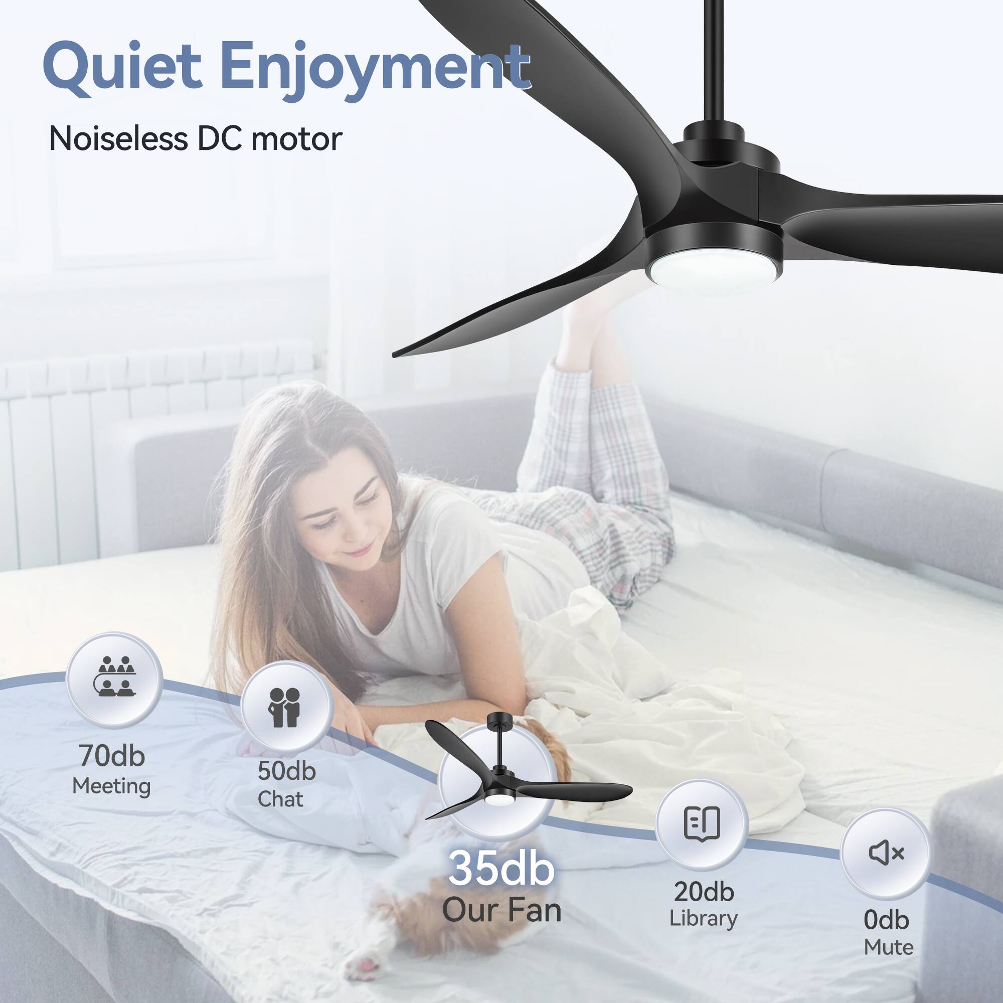 Quiet Enjoyment, Noiseless DC motor, 70db Meeting, 50db Chat, 35db Our Fan, 20db Library, 0db Mute