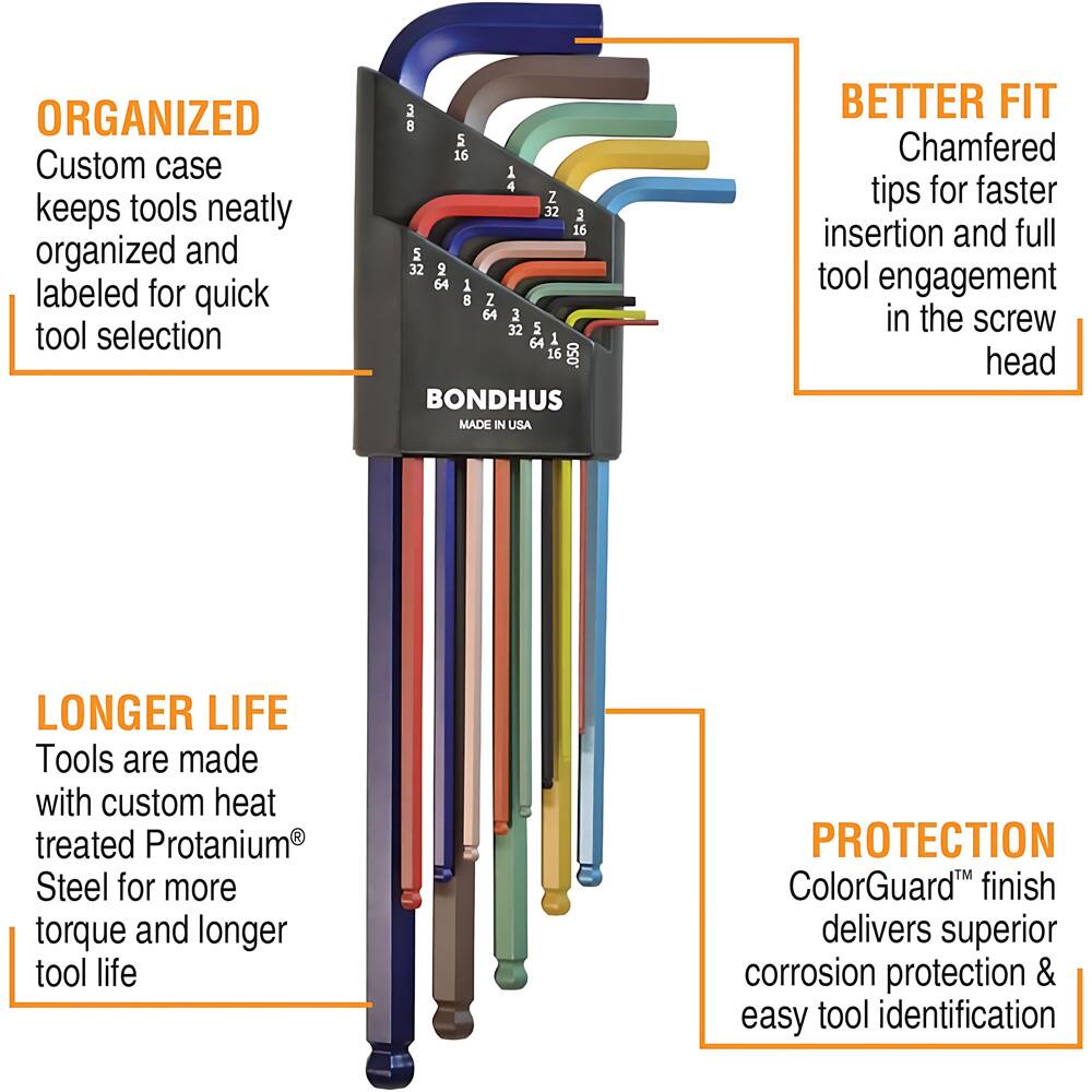 ORGANIZED  
Custom case keeps tools neatly organized and labeled for quick tool selection

BETTER FIT  
Chamfered tips for faster insertion and full tool engagement in the screw head

LONGER LIFE  
Tools are made with custom heat treated Protanium® Steel for more torque and longer tool life

PROTECTION  
ColorGuard™ finish delivers superior corrosion protection & easy tool identification