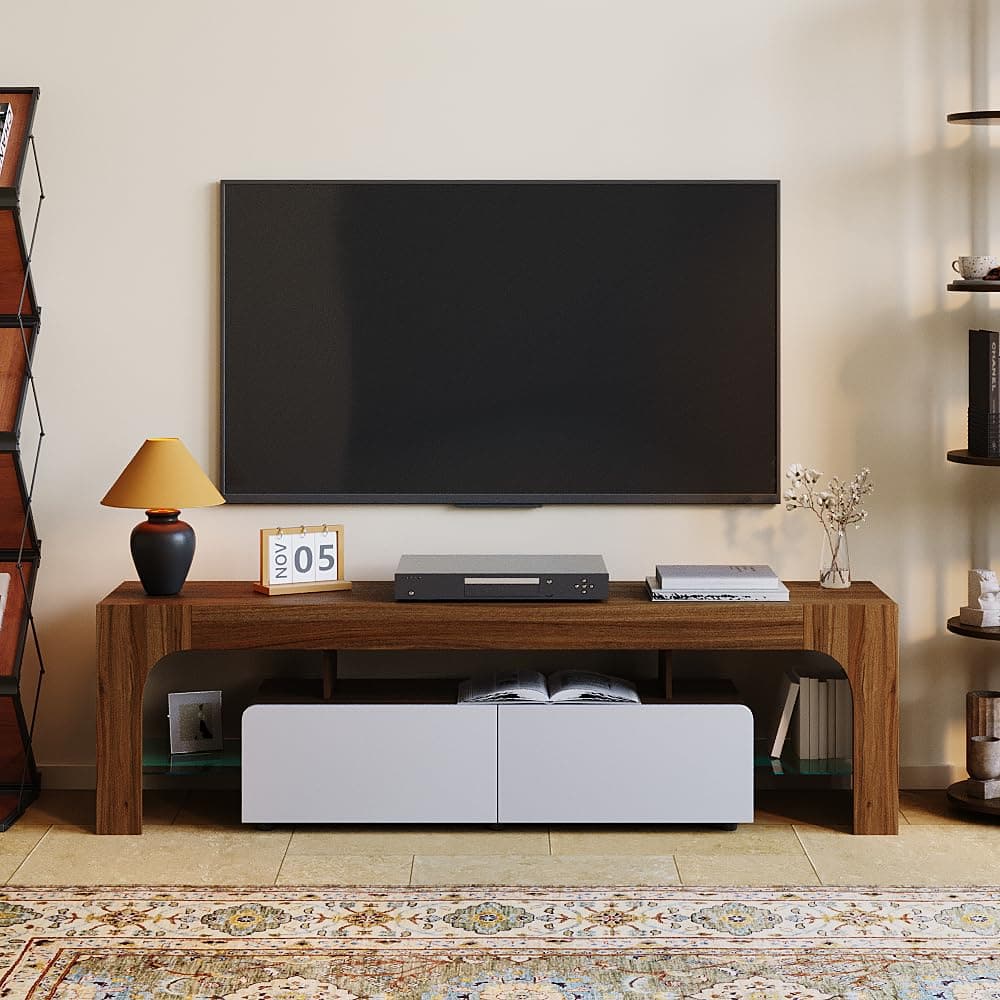 Acekool - 63 Inch TV Stand, Modern Lighting TV Cabinet Entertainment Center Media with 2 Drawer, Open Shelf - Brown