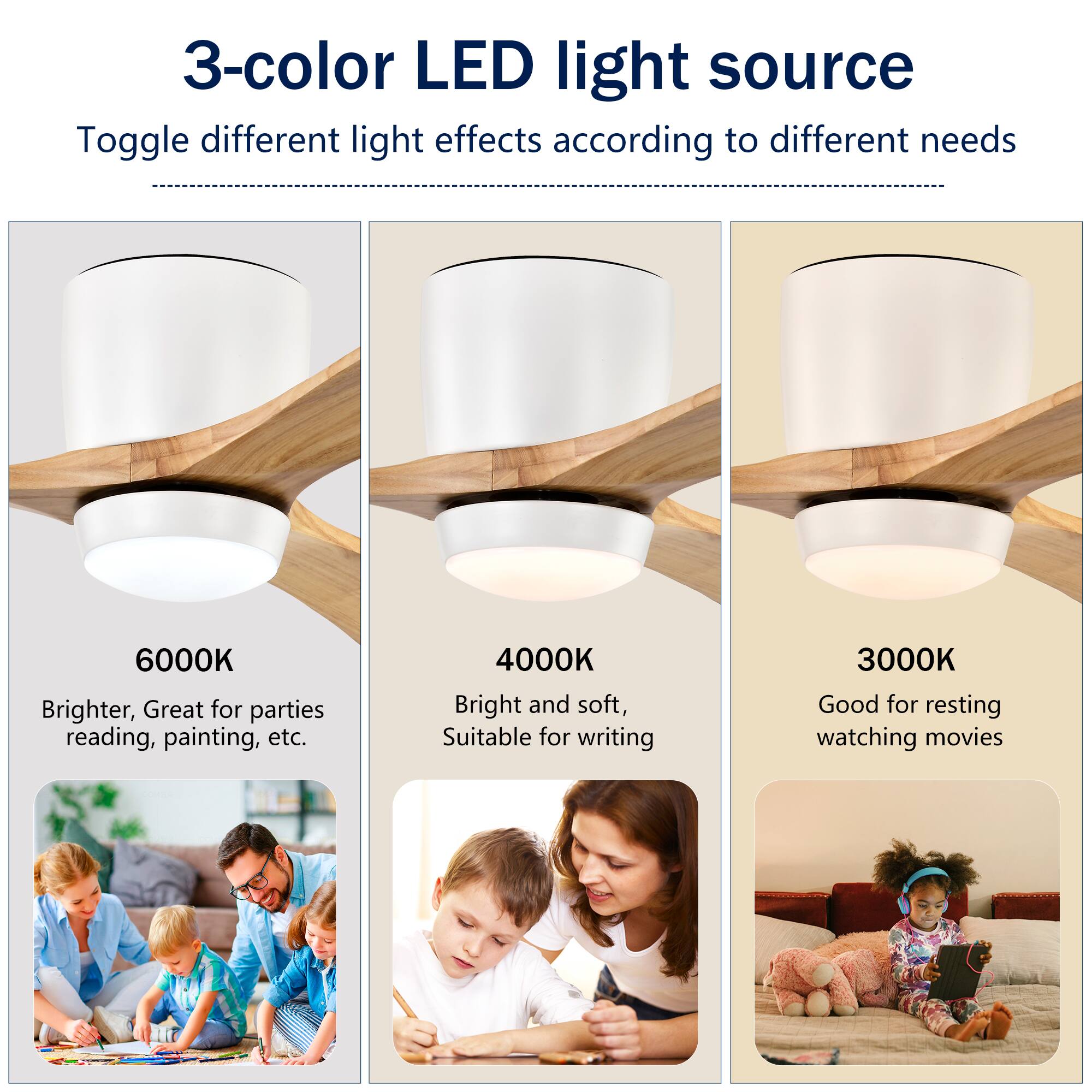 3-color LED light source  
Toggle different light effects according to different needs  

6000K  
Brighter, Great for parties, reading, painting, etc.  

4000K  
Bright and soft, Suitable for writing  

3000K  
Good for resting, watching movies