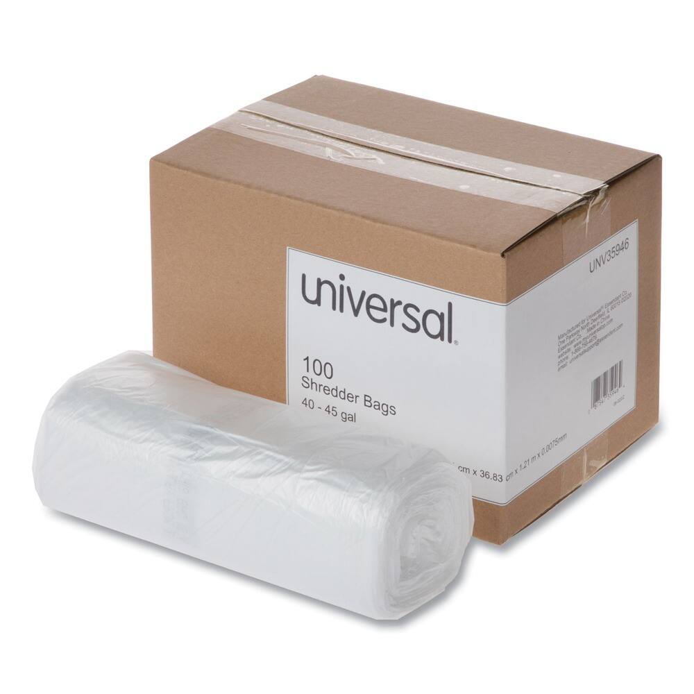 UNV35946  
Universal  
100 Shredder Bags  
40 - 45 gal  
Dimensions: 121 x 36.83 cm (47.64 x 14.46 in)  
0.077 m³ (2.72 cu ft)