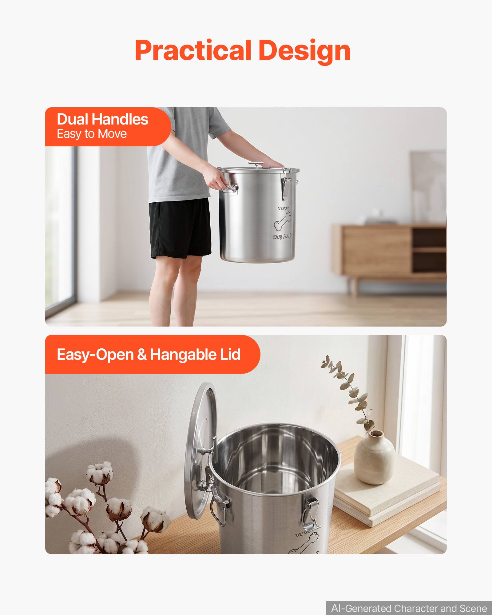 Practical Design

Dual Handles Easy to Move

VEVOR

Easy-Open & Hangable Lid

VEV

AI-Generated Character and Scene