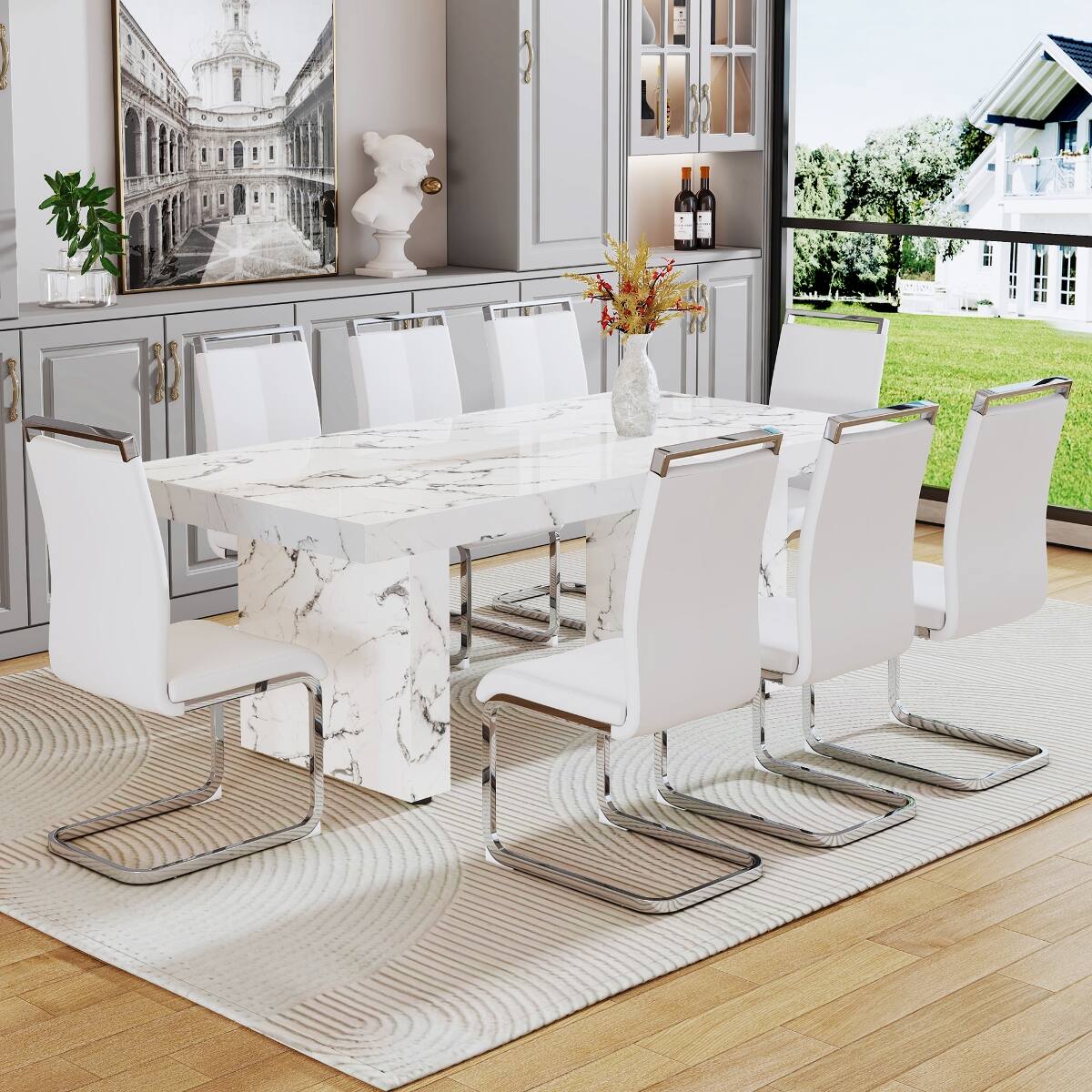 Alt View 3. Loheer - Loheer White Marble Pattern MDF Dining Table for 8 to 10 People - White.