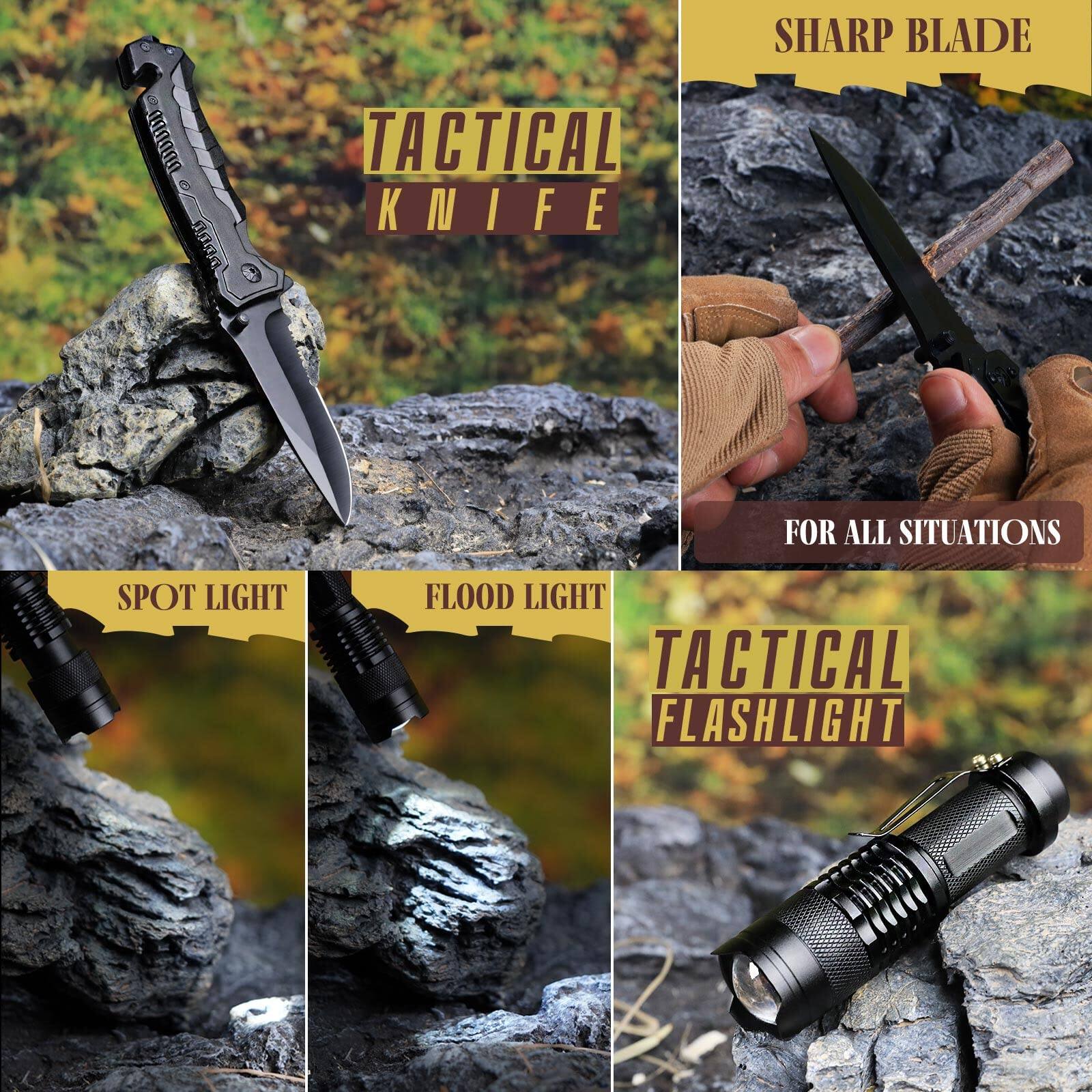 - SHARP BLADE
- TACTICAL KNIFE
- FOR ALL SITUATIONS
- SPOT LIGHT
- FLOOD LIGHT
- TACTICAL FLASHLIGHT