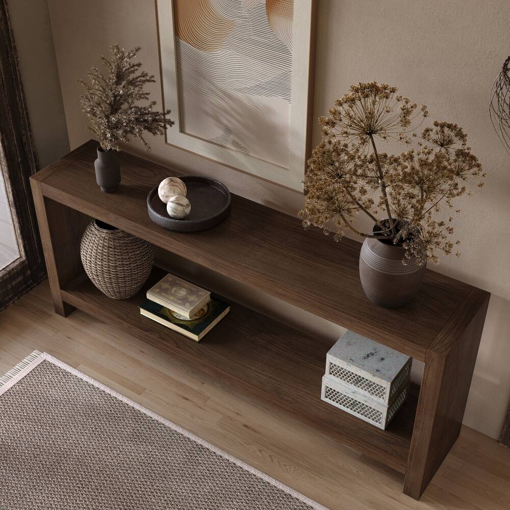 Alt View 4. Loheer - Loheer 63 inch farmhouse console table, 2 tier rustic entryway table, vintage sofa table for behind couch - Rustic Brown.