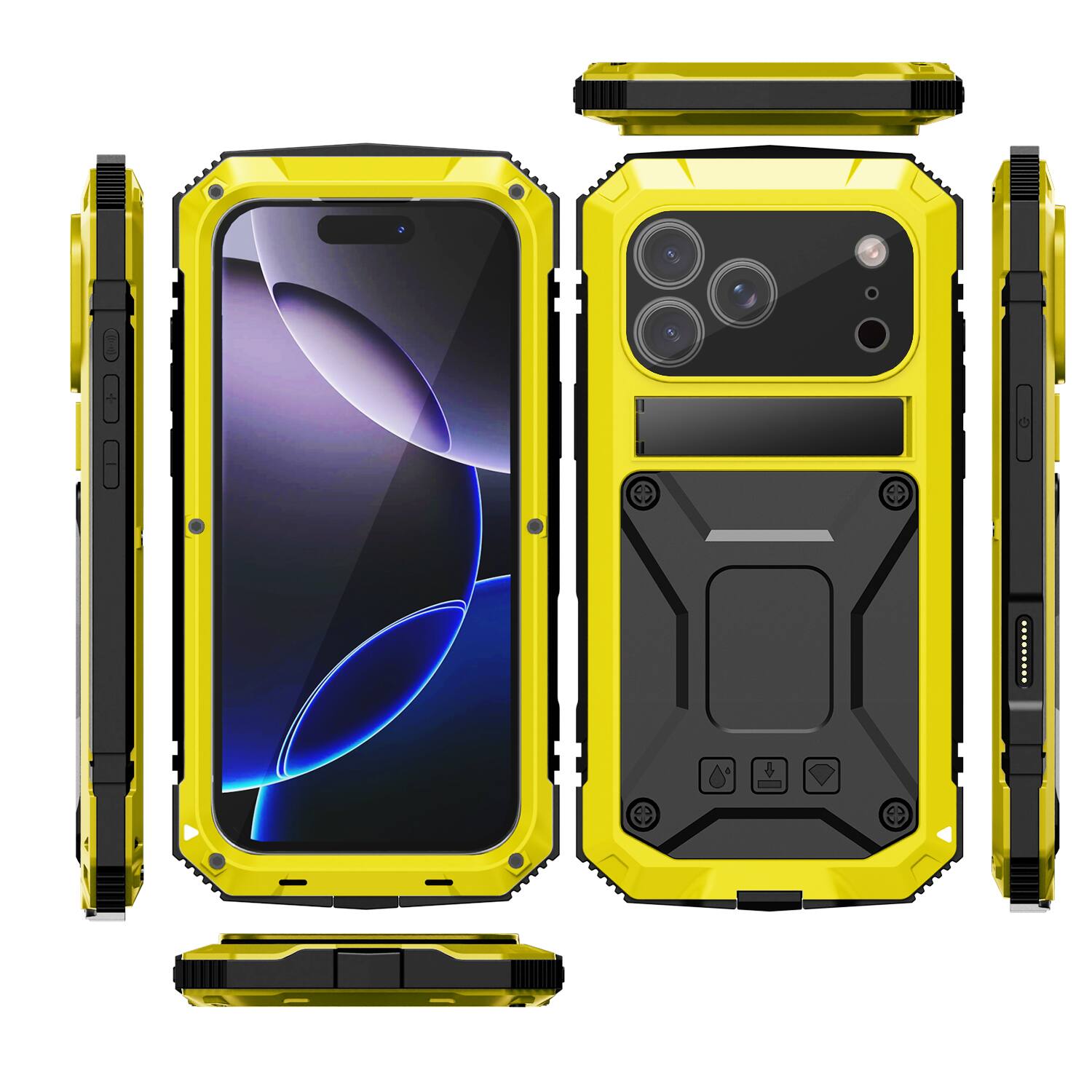 Alt View 5. Dteck - For iPhone 17 Pro Max Case Outdoor Sports Kickstand Rugged Heavy Duty Full Body Cover with Built in Screen Protector - Yellow.