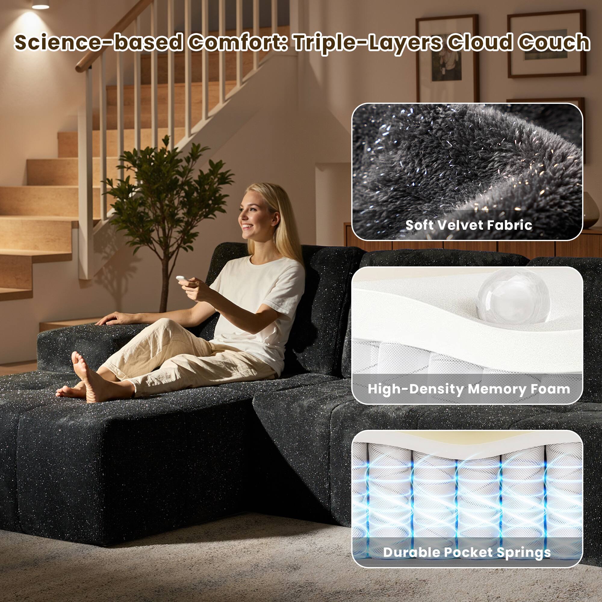 Science-based Comfort: Triple-Layers Cloud Couch

- Soft Velvet Fabric
- High-Density Memory Foam
- Durable Pocket Springs