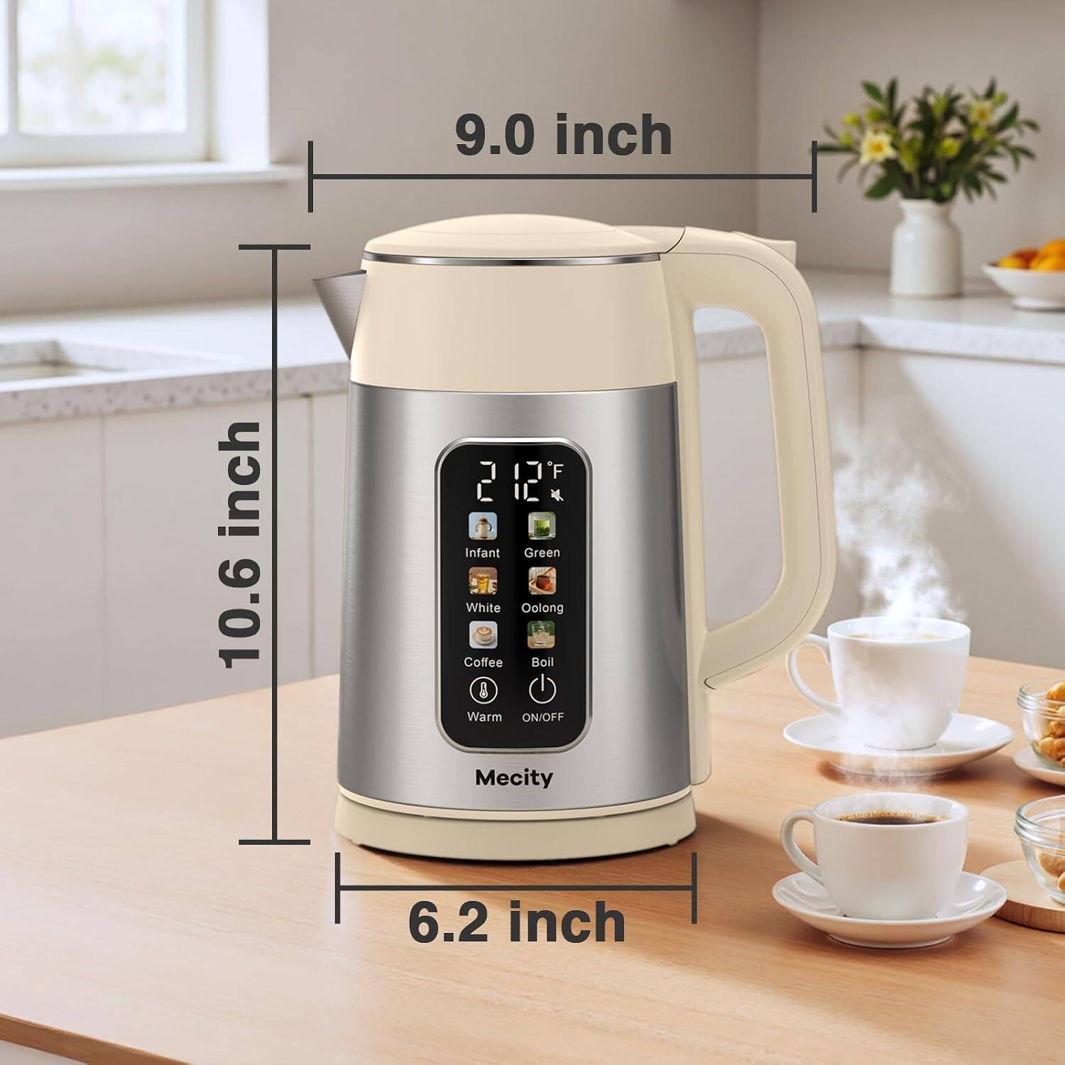 9.0 inch  
10.6 inch  
6.2 inch  

Infant Green White Oolong Coffee Boil I Warm ON/OFF  
Mecity