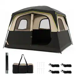 Gymax - 6-Person Camping Tent w/ Top Rainfly Mesh Windows Large Door Ground Stakes - Black