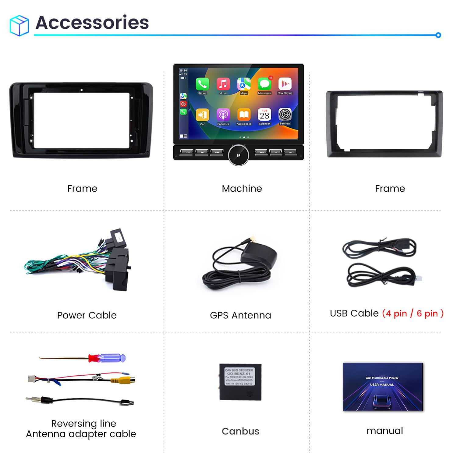 Accessories

- Frame
- Machine
- Frame
- Power Cable
- GPS Antenna
- USB Cable (4 pin / 6 pin)
- Reversing line Antenna adapter cable
- Canbus
- Manual