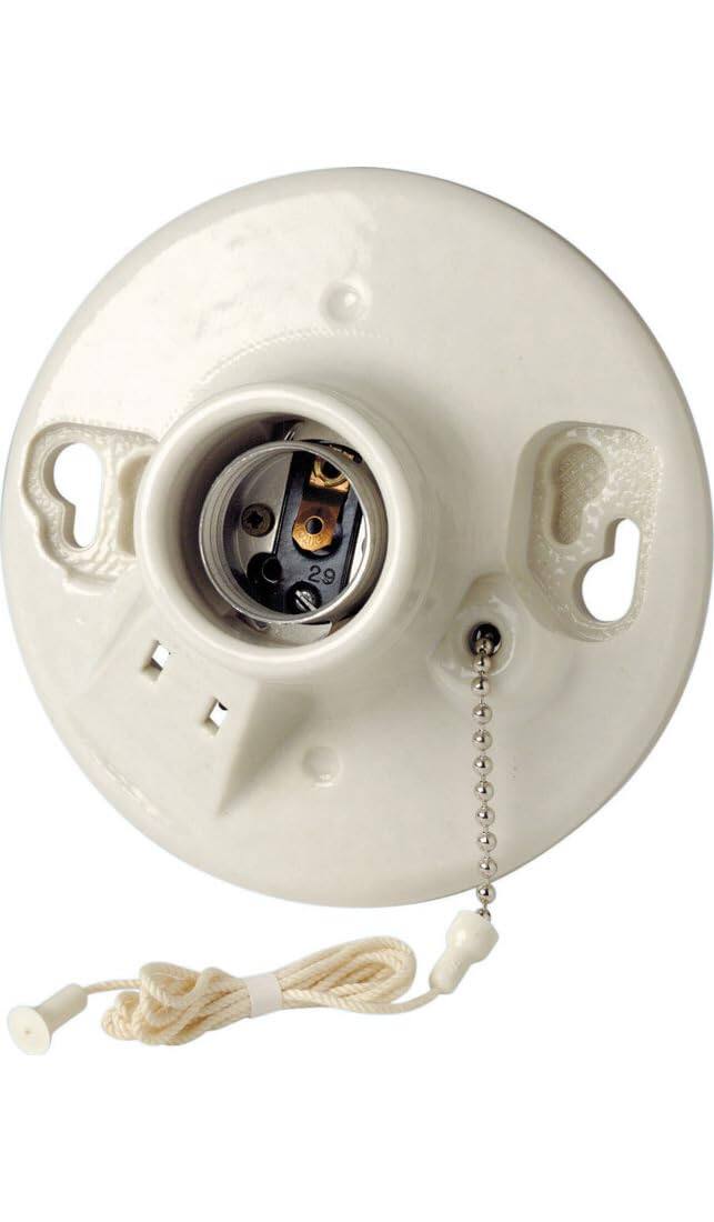 Front. Leviton - One-Piece Glazed Porcelain Outlet Box Mount with Incandescent Lampholder and Pull Chain, 2-Wire Side Wired Model 9716-C - White.