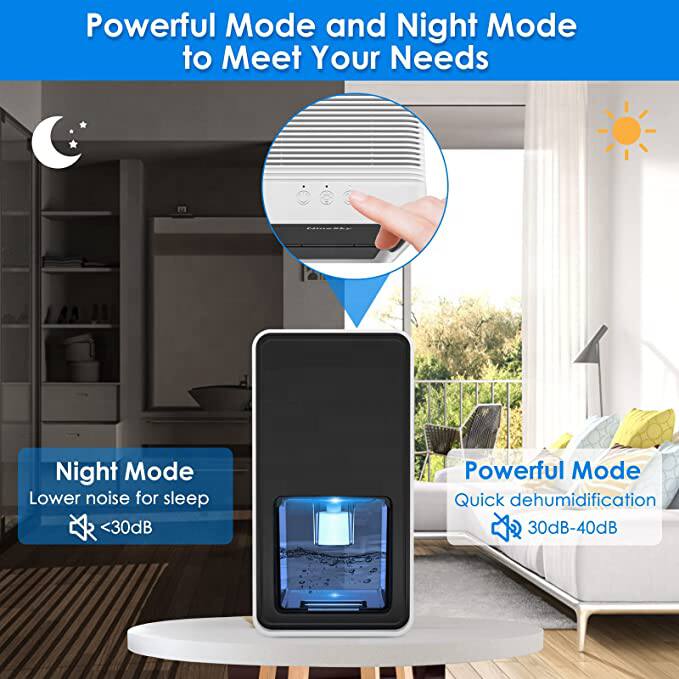 Powerful Mode and Night Mode to Meet Your Needs

Night Mode
Lower noise for sleep
<30dB

Powerful Mode
Quick dehumidification
30dB-40dB