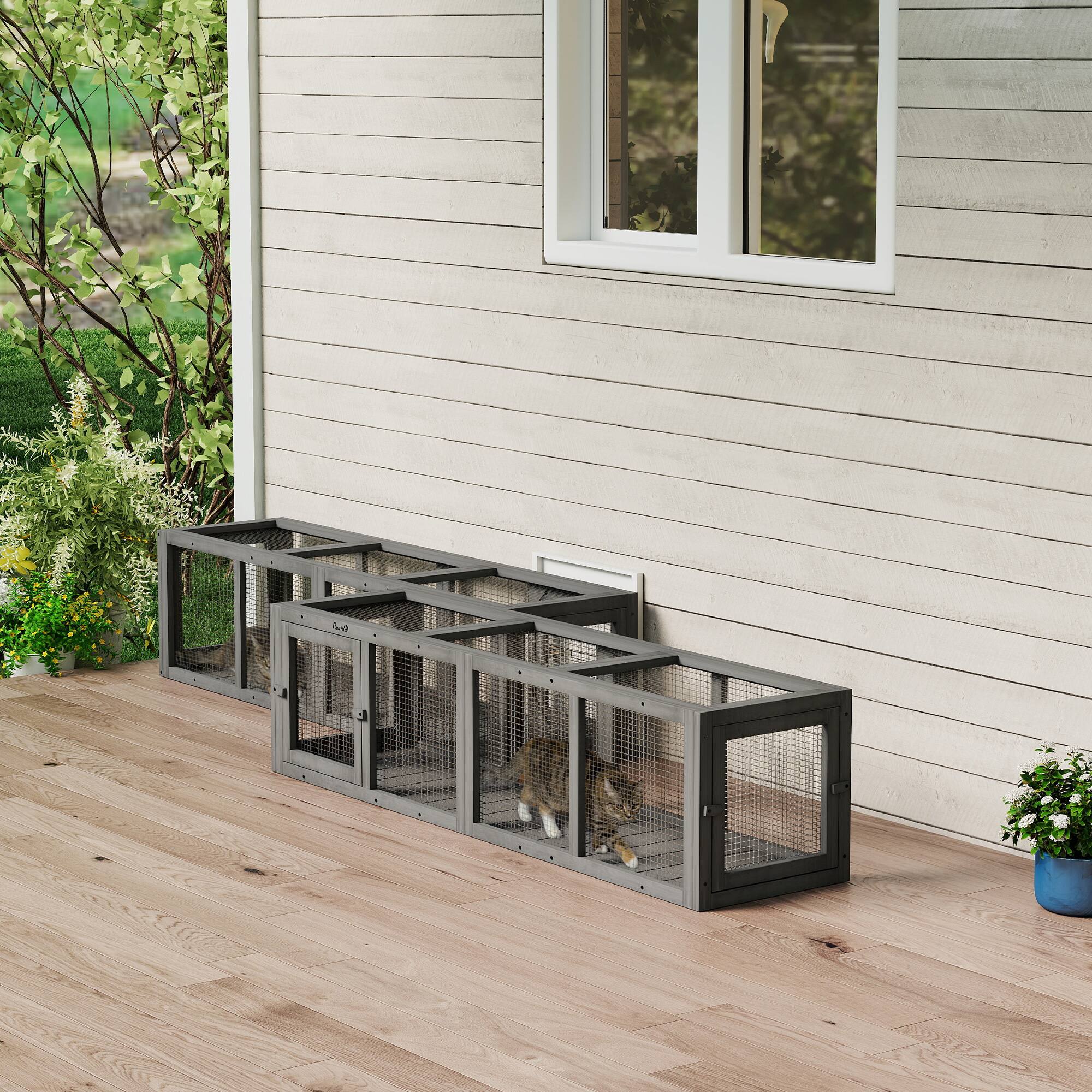 Alt View 1. Pawhut - Cat Tunnel, 59" Wooden Play Cat Enclosure, Extendable Pet Run with 3 Doors for Kitty - Gray.