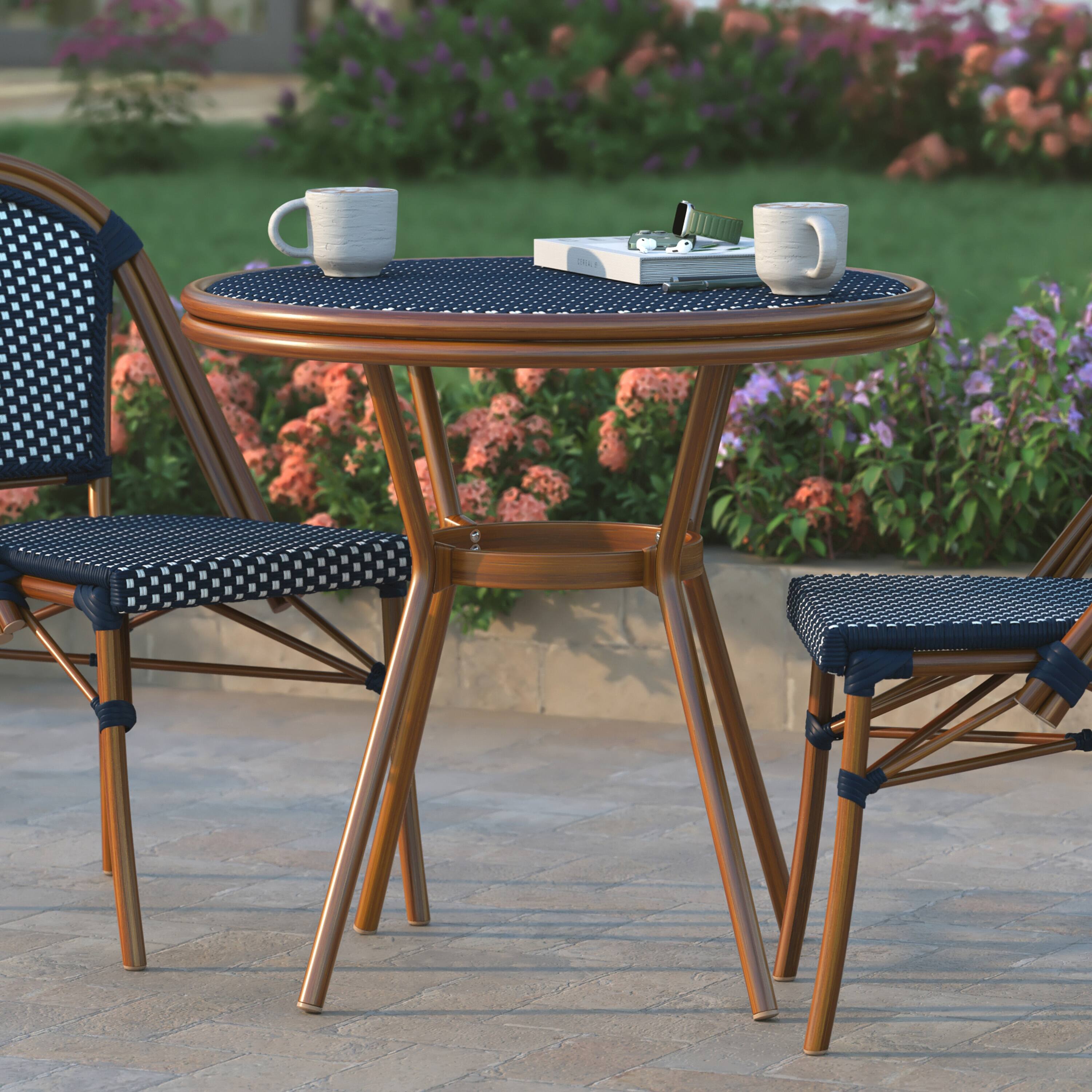 Alt View 1. Emma + Oliver - Colmar Indoor/Outdoor Bistro Style 31.5 in. Table with PE Rattan, Glass Top, and Bamboo Finished Metal Frame - Navy & White Rattan/Natural Frame.