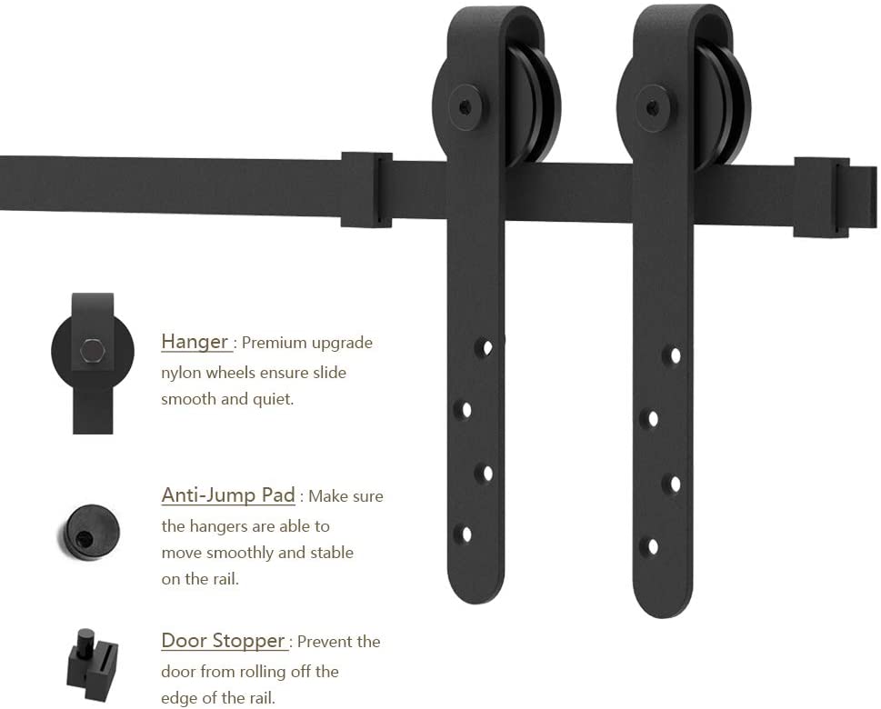 Hanger: Premium upgrade nylon wheels ensure slide smooth and quiet.  
Anti-Jump Pad: Make sure the hangers are able to move smoothly and stable on the rail.  
Door Stopper: Prevent the door from rolling off the edge of the rail.