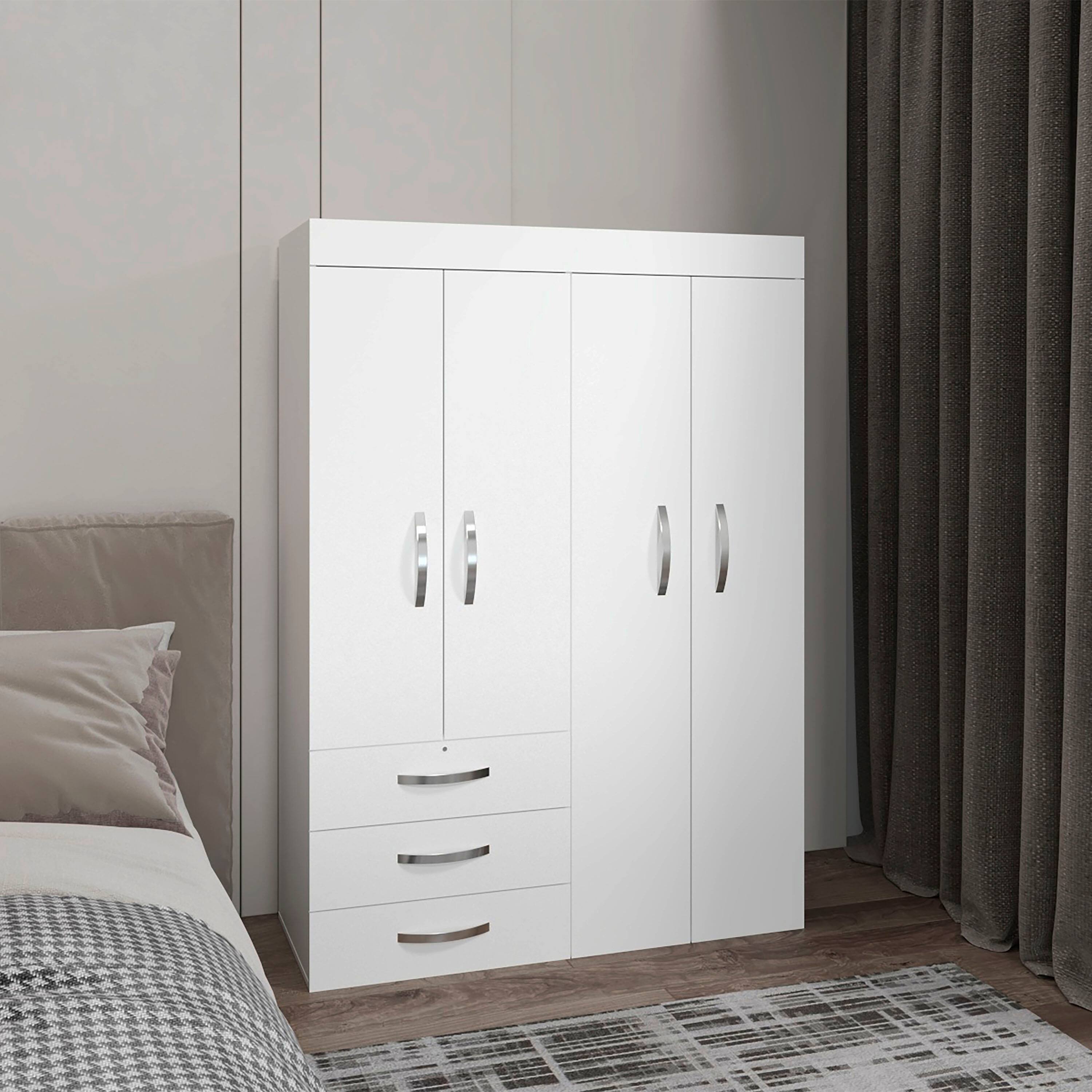 Left. TuHome - Denver Adjustable Armoire, Rods, Double Door Cabinet, Three Drawers, Two Shelves - White.