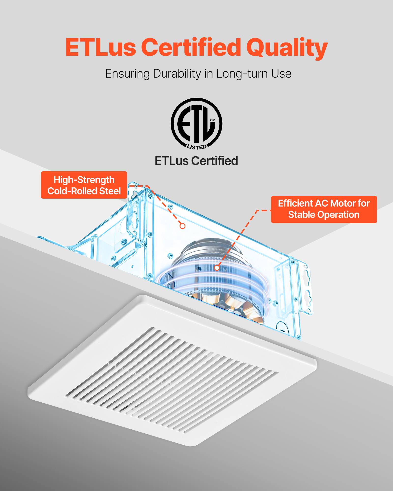 ETLus Certified Quality  
Ensuring Durability in Long-term Use  

ETLus Certified  

High-Strength Cold-Rolled Steel  

Efficient AC Motor for Stable Operation