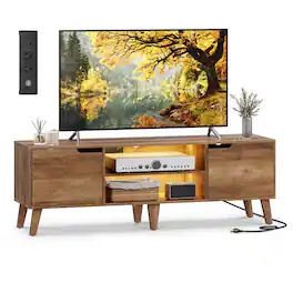 Songmics Home - TV Stand with Charging Station, for 65-Inch TVs, Entertainment Center with LED Light, 58-Inch Long Media Console Table - Honey Brown