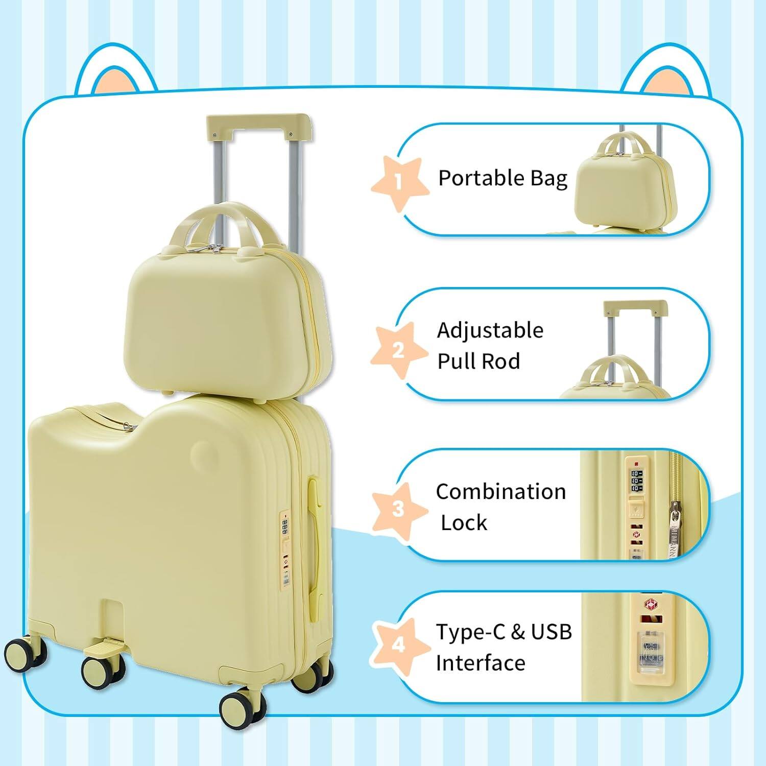 1. Portable Bag  
2. Adjustable Pull Rod  
3. Combination Lock  
4. Type-C & USB Interface