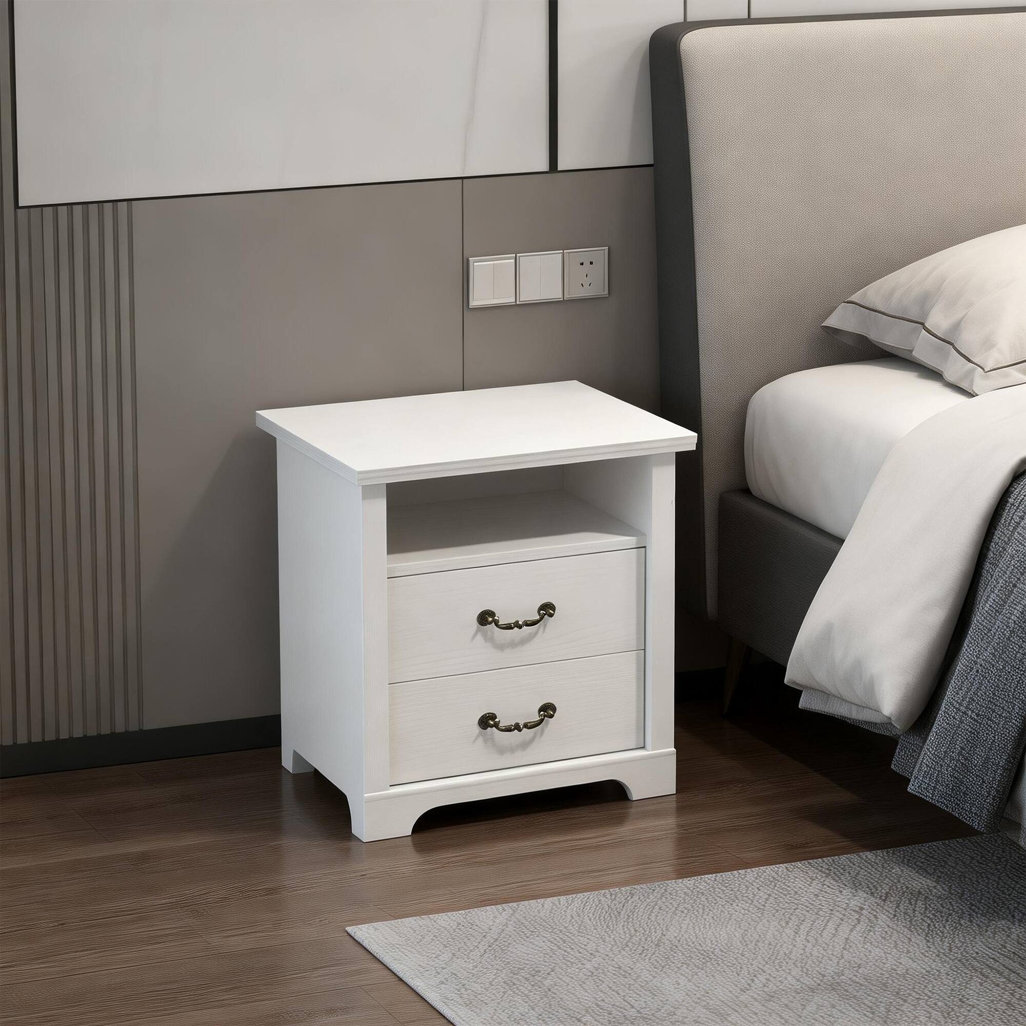 Angle. Vaczon - Rustic White Nightstands (Set of 2) with Open Shelf and 2 Drawers - White.