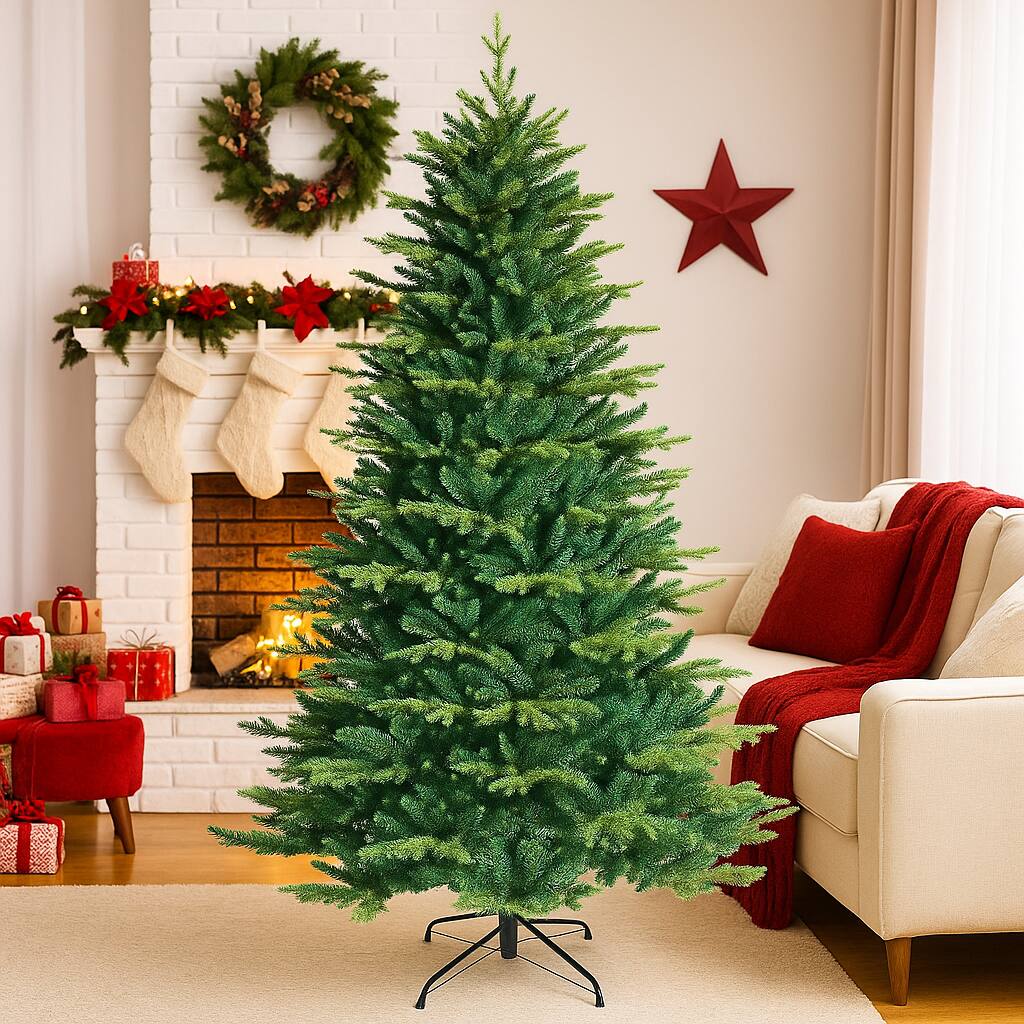 Front. BreeBe - Pre-Lit Artificial Christmas Tree with App-Controlled LED Lights - Green.