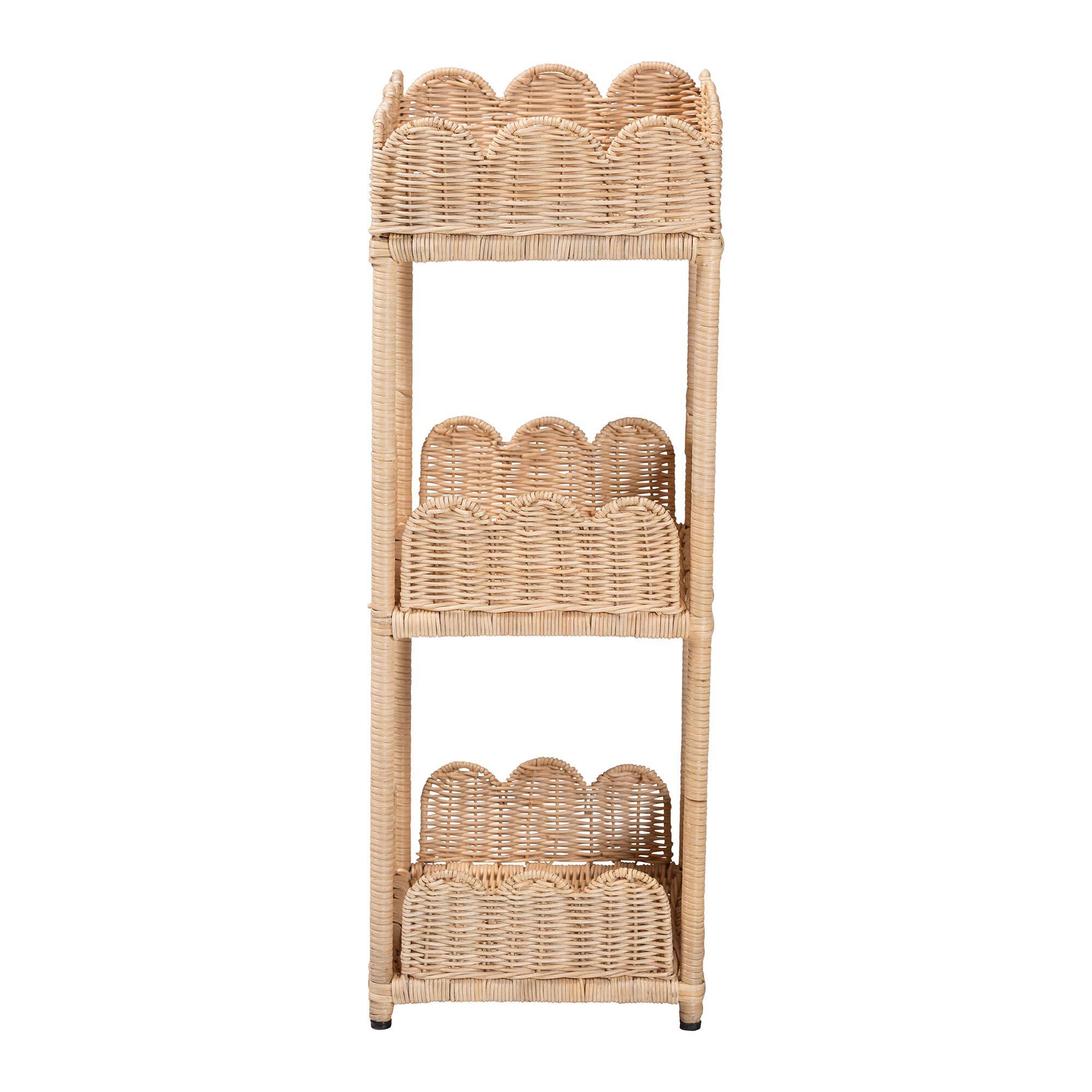 Left. bali & pari - Brooks Natural Rattan 3-Tier Storage Shelf – Handwoven Wicker Display Stand with Scalloped Borders - Natural Brown.
