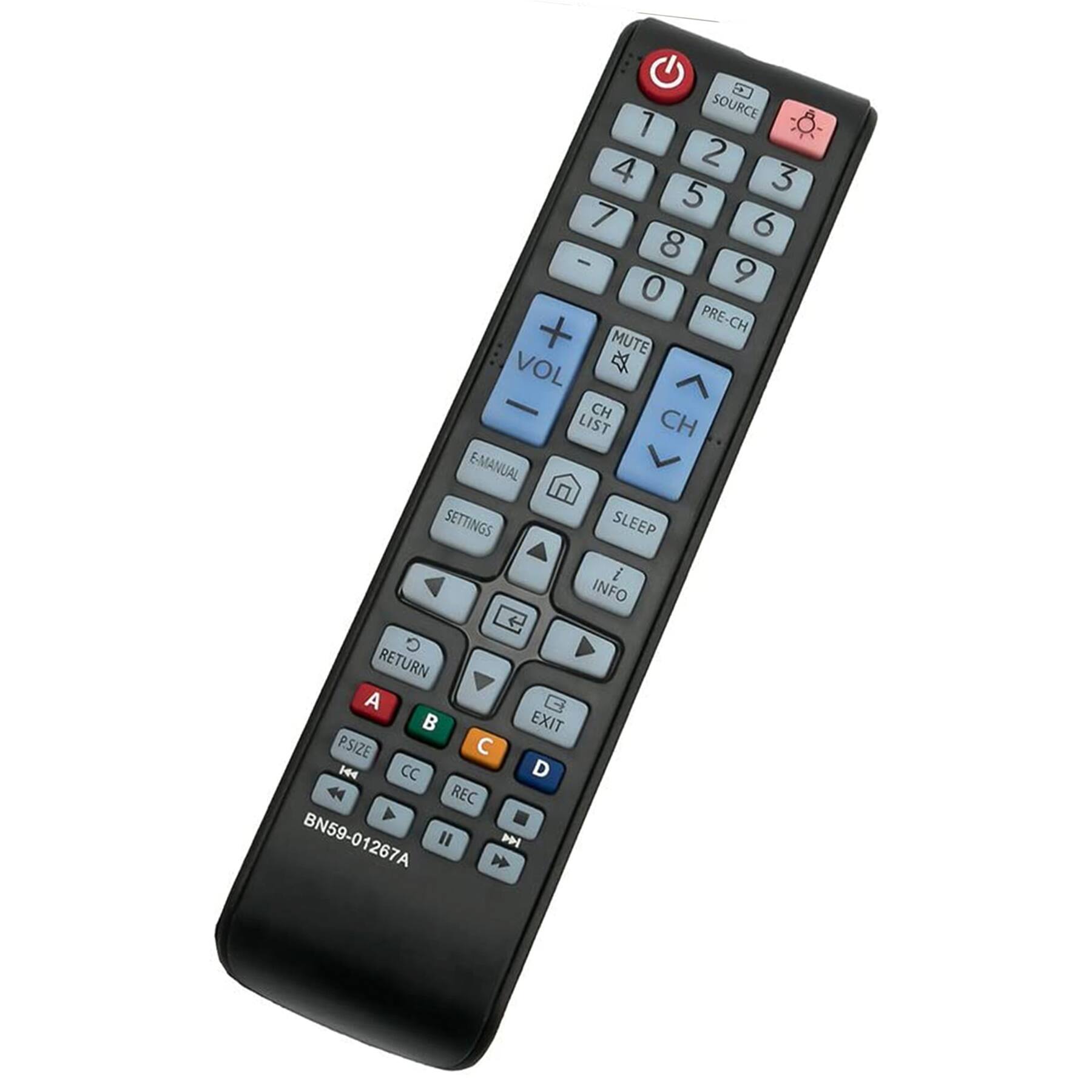 SOURCE 1 2 3 4 5 6 7 8 9 0 + PRE-CH MUTE VOL - CH LIST CH E-MANUAL SETTINGS SLEEP INFO RETURN A B C D EXIT P.SIZE CC REC BN59-01267A