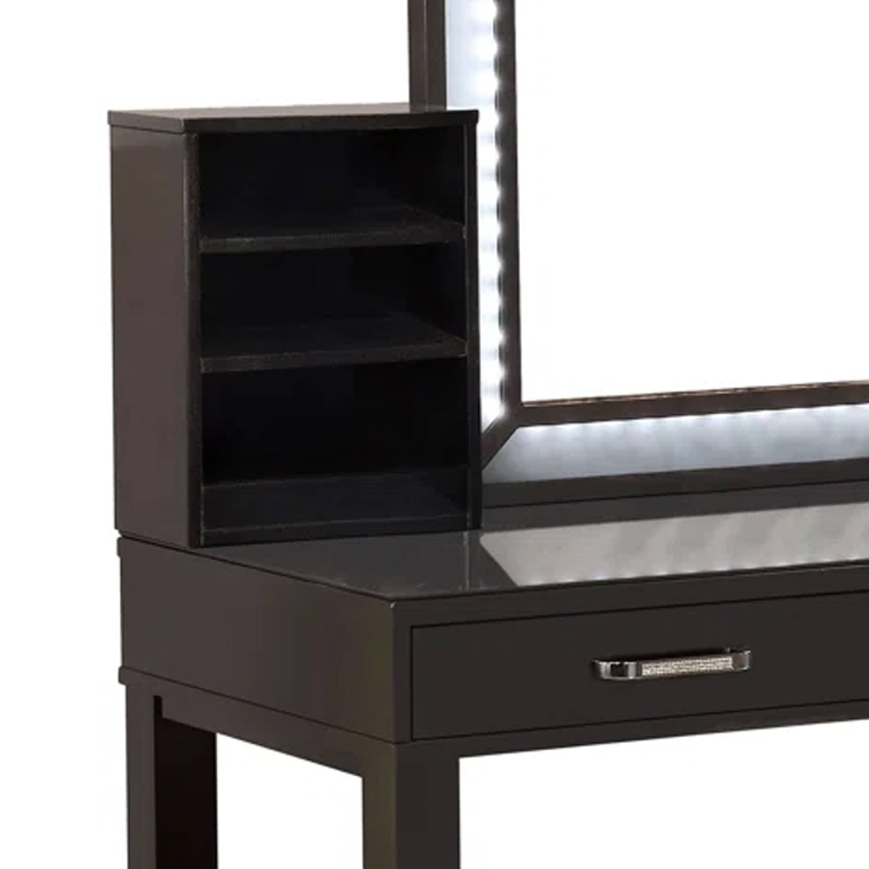 Alt View 1. Manhattan Lane - Jexo 3pc Cherry Vanity Table Set with LED Mirror, 3 Drawer, Gray Padded Stool - Brown, Gray.