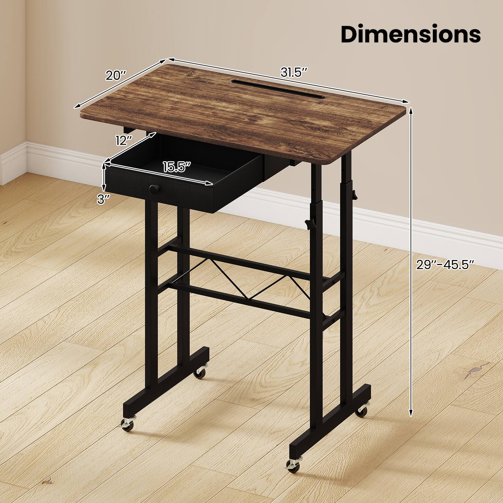 Dimensions: 20" x 31.5" x 12" x 15.5" x 3" x 29"-45.5"