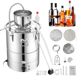 VEVOR - Alcohol Still, 9 Gal 30L Water Alcohol Distiller, Home Distillery Kit include Stainless Steel Tube & Pump & One-way - Silver
