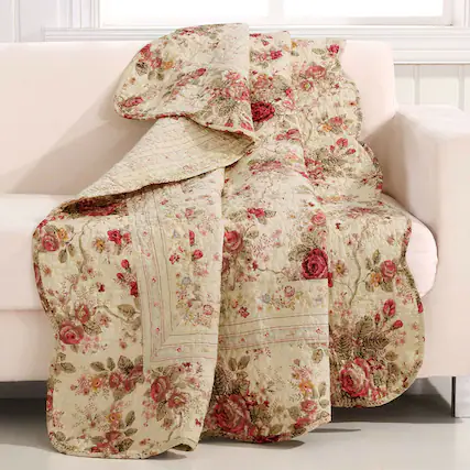 Front. Hivvago - Red Pink Gold Ecru Floral Roses Quilt Throw Blanket in 100% Cotton - Red, Pink, Gold.