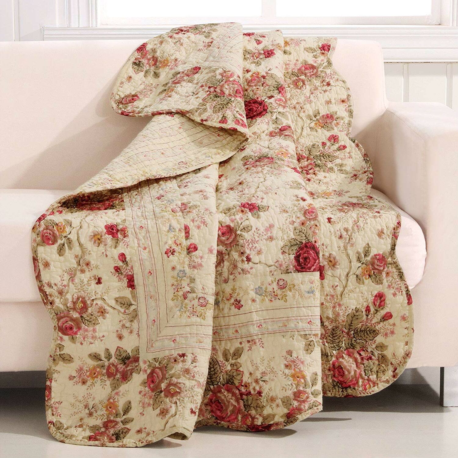 Front. Hivvago - Red Pink Gold Ecru Floral Roses Quilt Throw Blanket in 100% Cotton - Red, Pink, Gold.